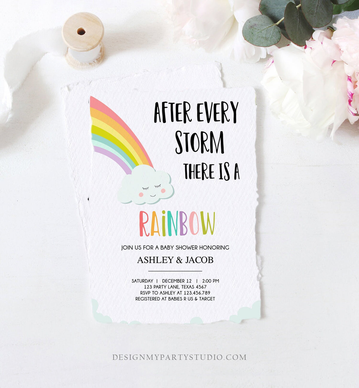 Editable Rainbow Baby Shower Invitation Rainbow Baby After a Loss Cloud Gender Neutral Digital Download Evite Template Printable 0233