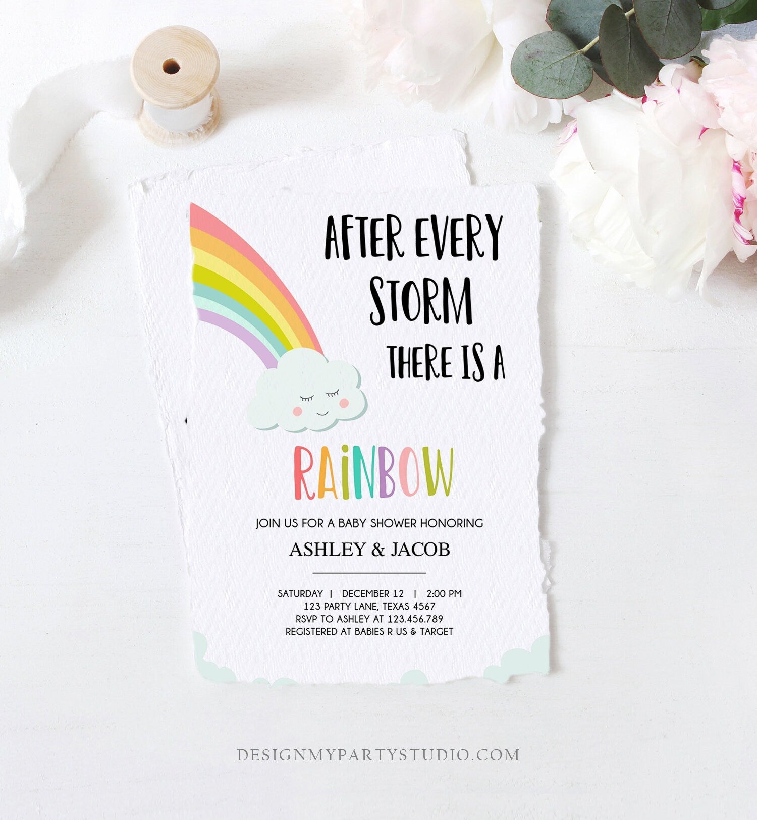 Editable Rainbow Baby Shower Invitation Rainbow Baby After a Loss Cloud Gender Neutral Digital Download Evite Template Printable 0233