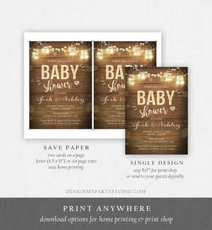 Editable Baby Shower Invitation Rustic Wood Lights Jars Coed Shower Sprinkle BBQ Gender Neutral Download Corjl Template Printable 0015
