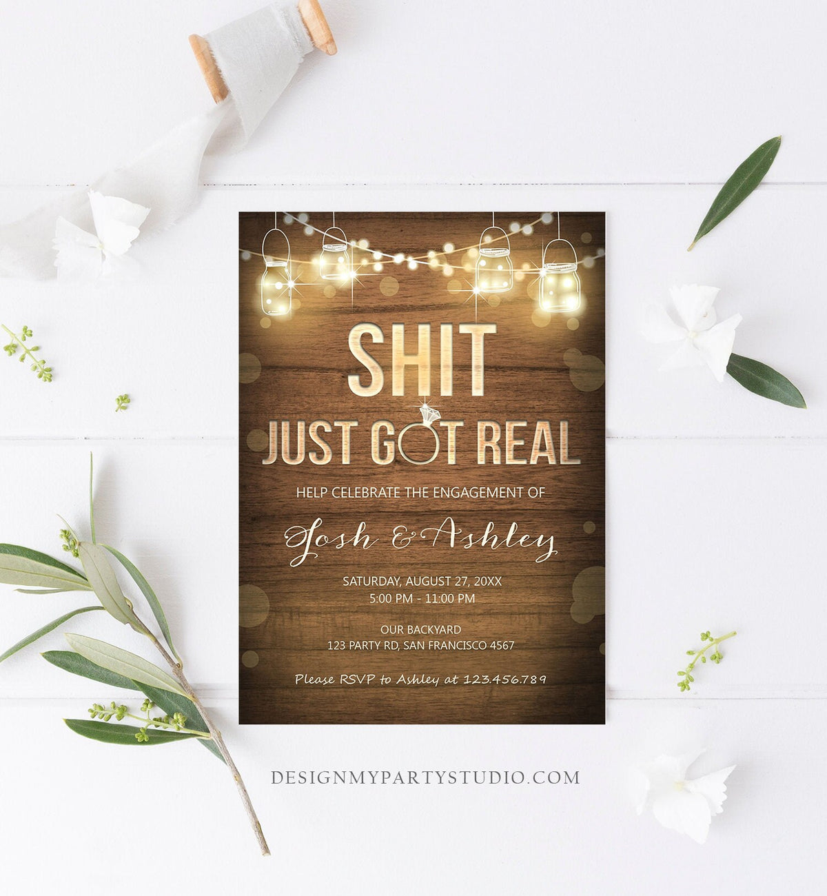 Editable Just Got Real Engagement Party Invitation Couples Shower Rustic Wood String Lights Instant Download Corjl Template Printable 0015