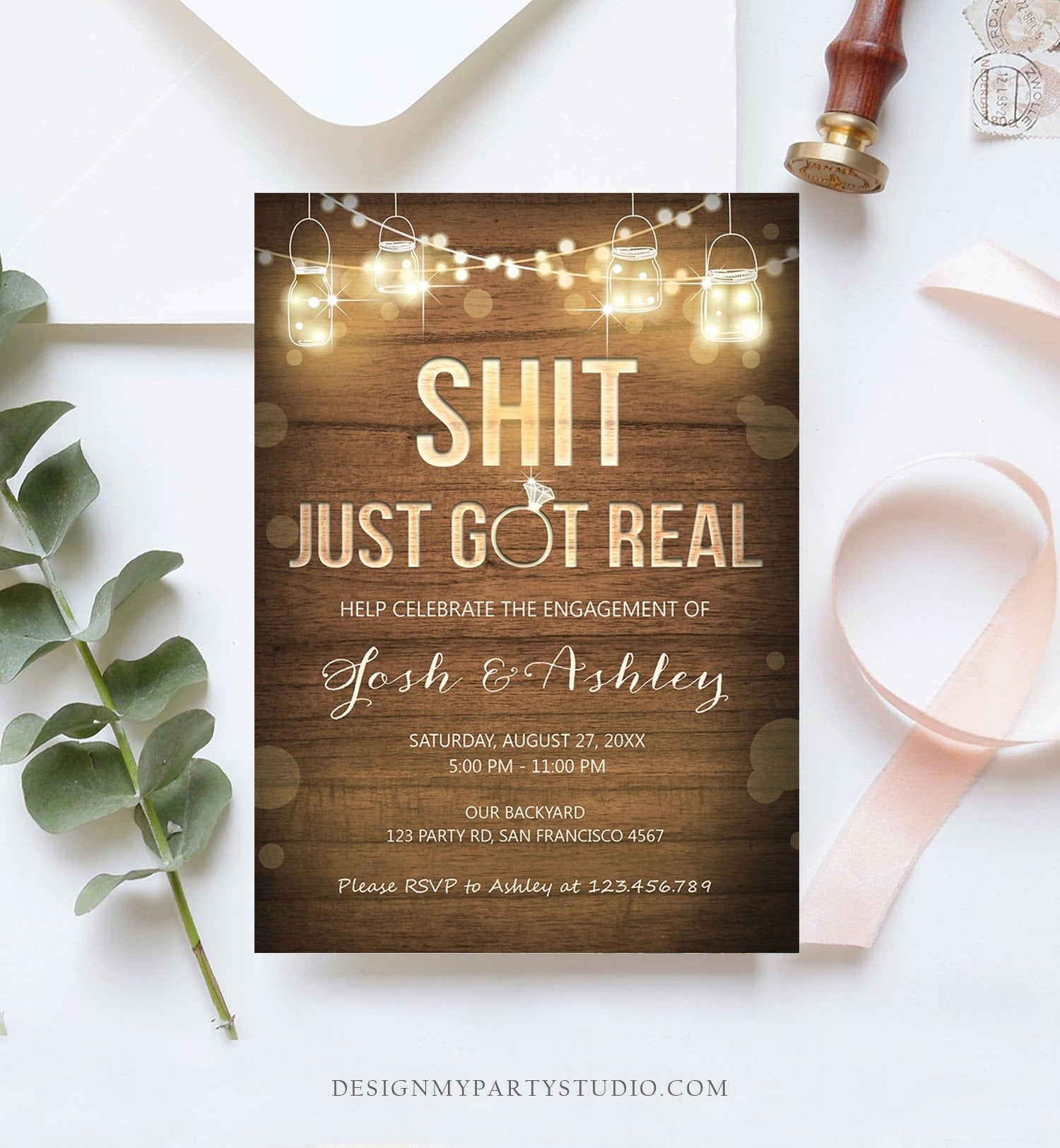 Editable Just Got Real Engagement Party Invitation Couples Shower Rustic Wood String Lights Instant Download Corjl Template Printable 0015