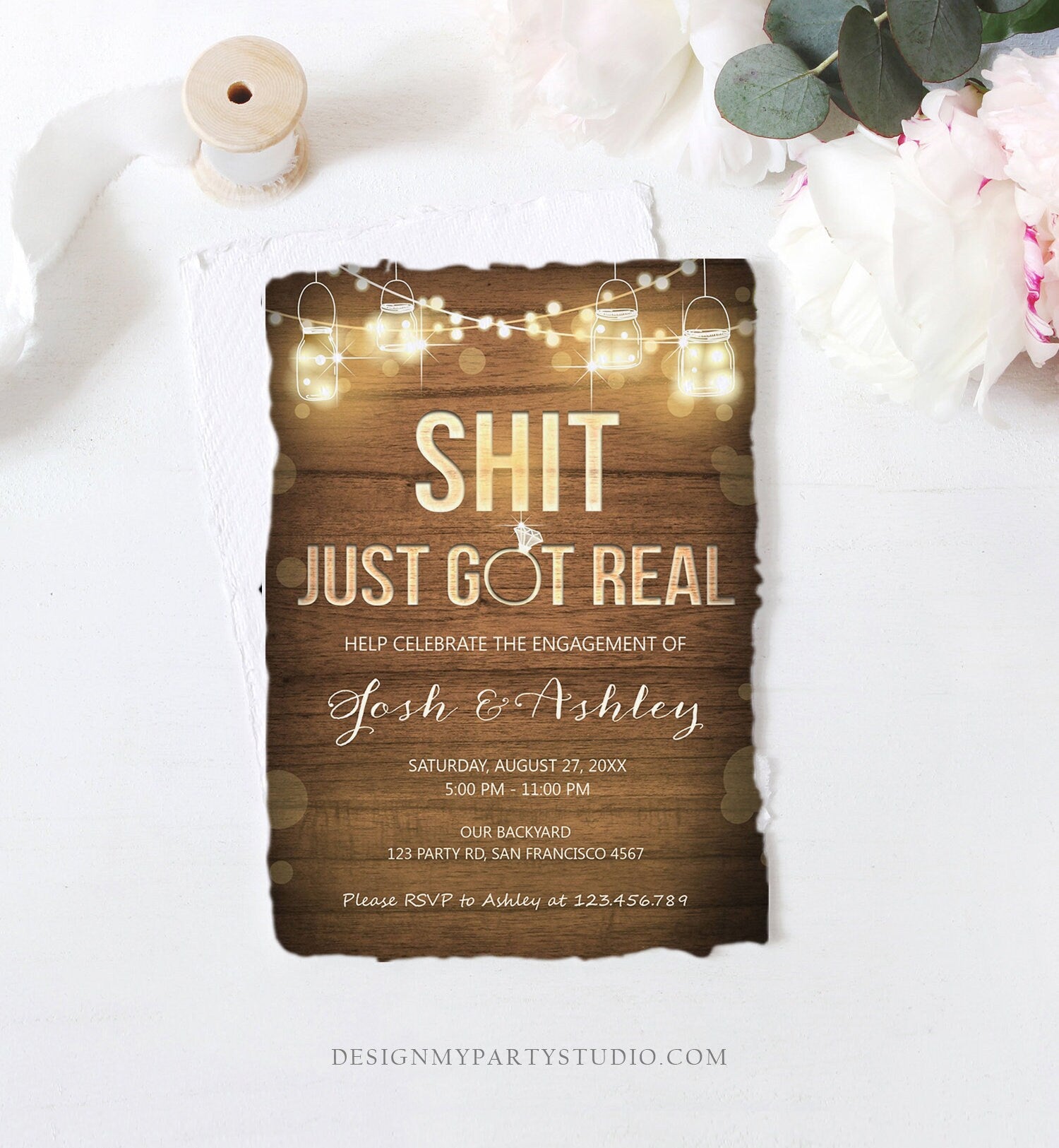 Editable Just Got Real Engagement Party Invitation Couples Shower Rustic Wood String Lights Instant Download Corjl Template Printable 0015