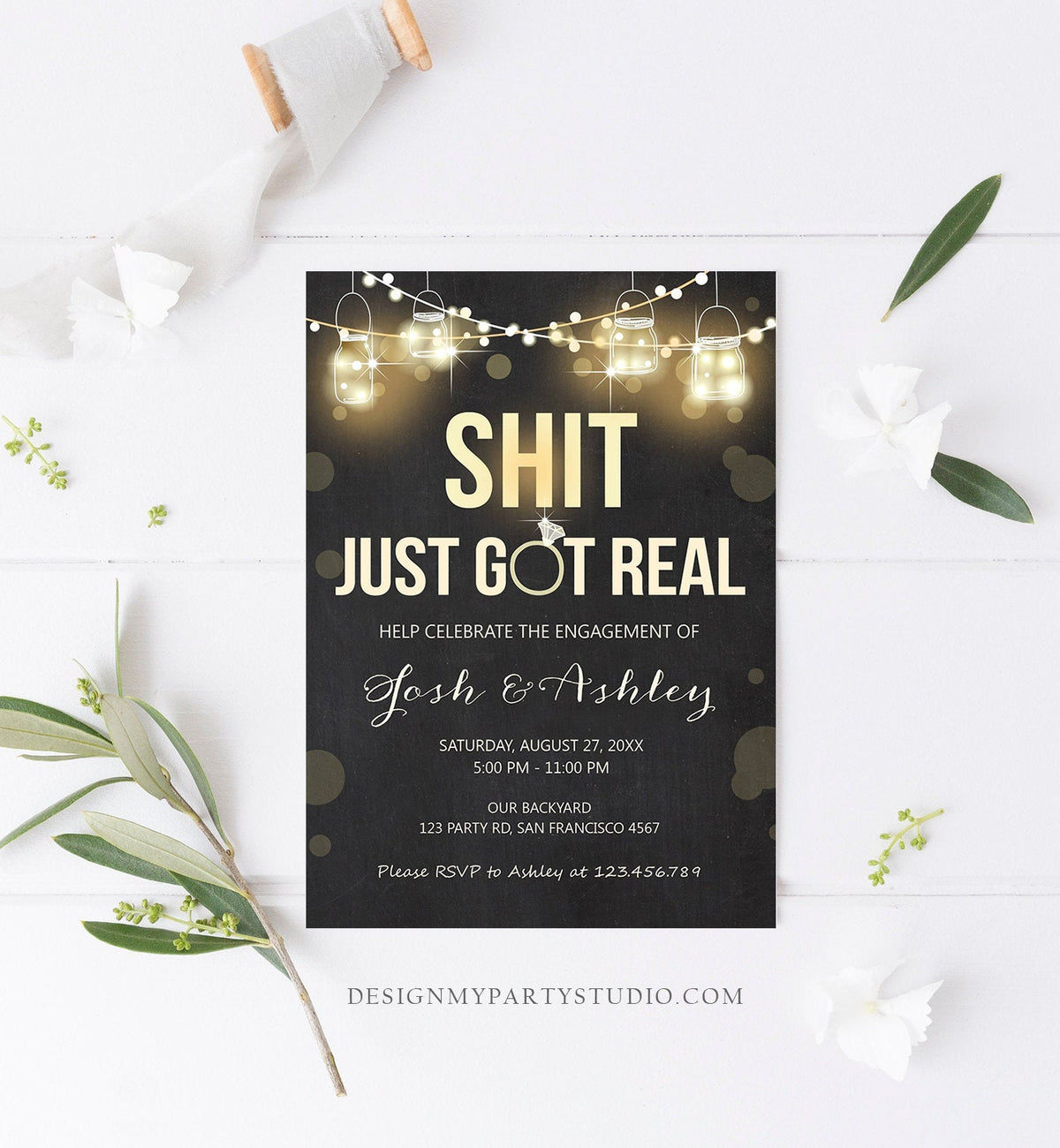 Editable Just Got Real Engagement Party Invitation Couples Shower Rustic Wood String Lights Chalk Download Corjl Template Printable 0015