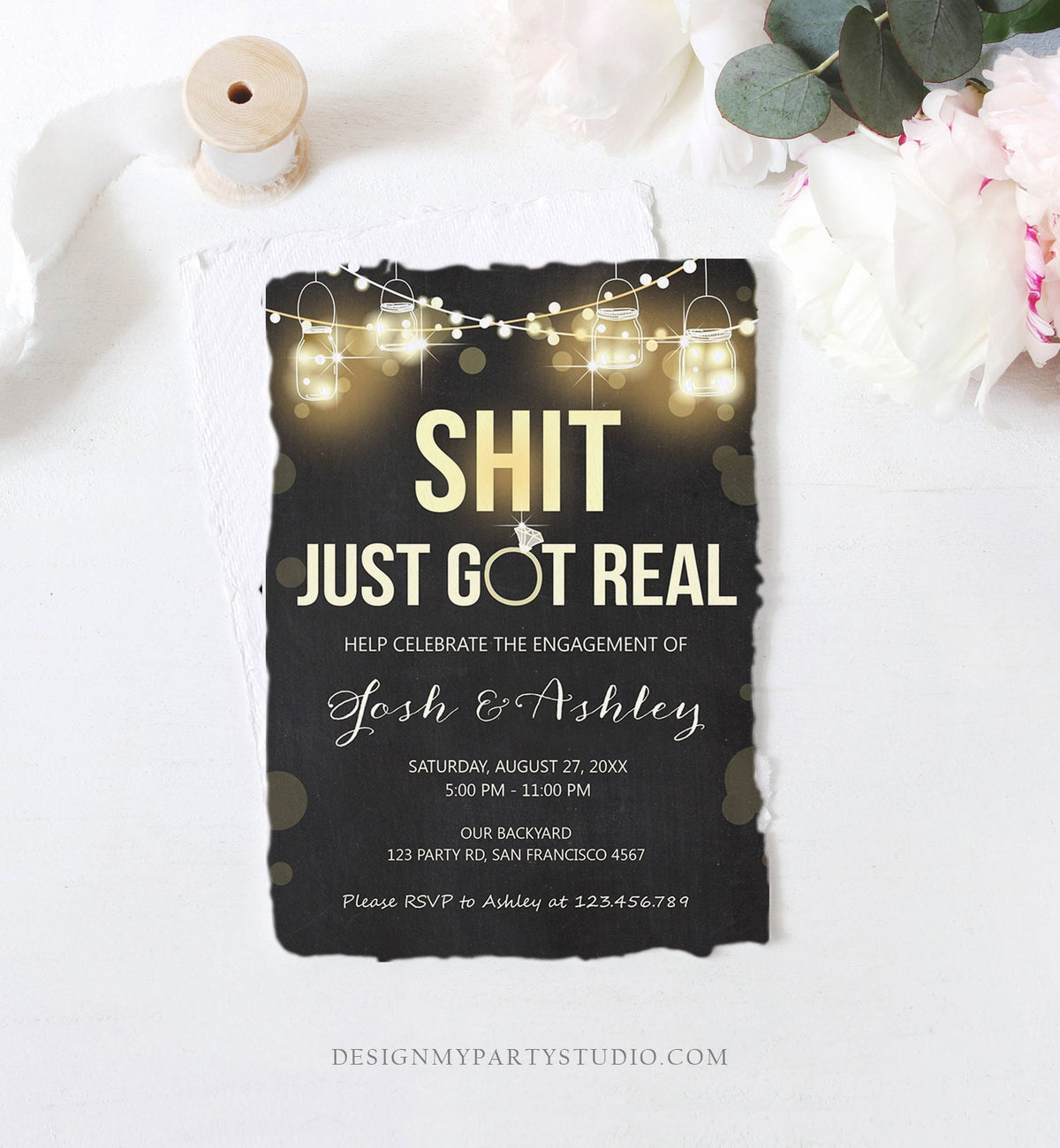 Editable Just Got Real Engagement Party Invitation Couples Shower Rustic Wood String Lights Chalk Download Corjl Template Printable 0015