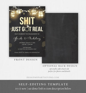 Editable Just Got Real Engagement Party Invitation Couples Shower Rustic Wood String Lights Chalk Download Corjl Template Printable 0015