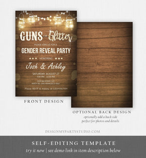 Editable Guns or Glitter Gender Reveal Invitation Baby Shower Boy Girl He or She Western Rustic Wood Download Corjl Template Printable 0015