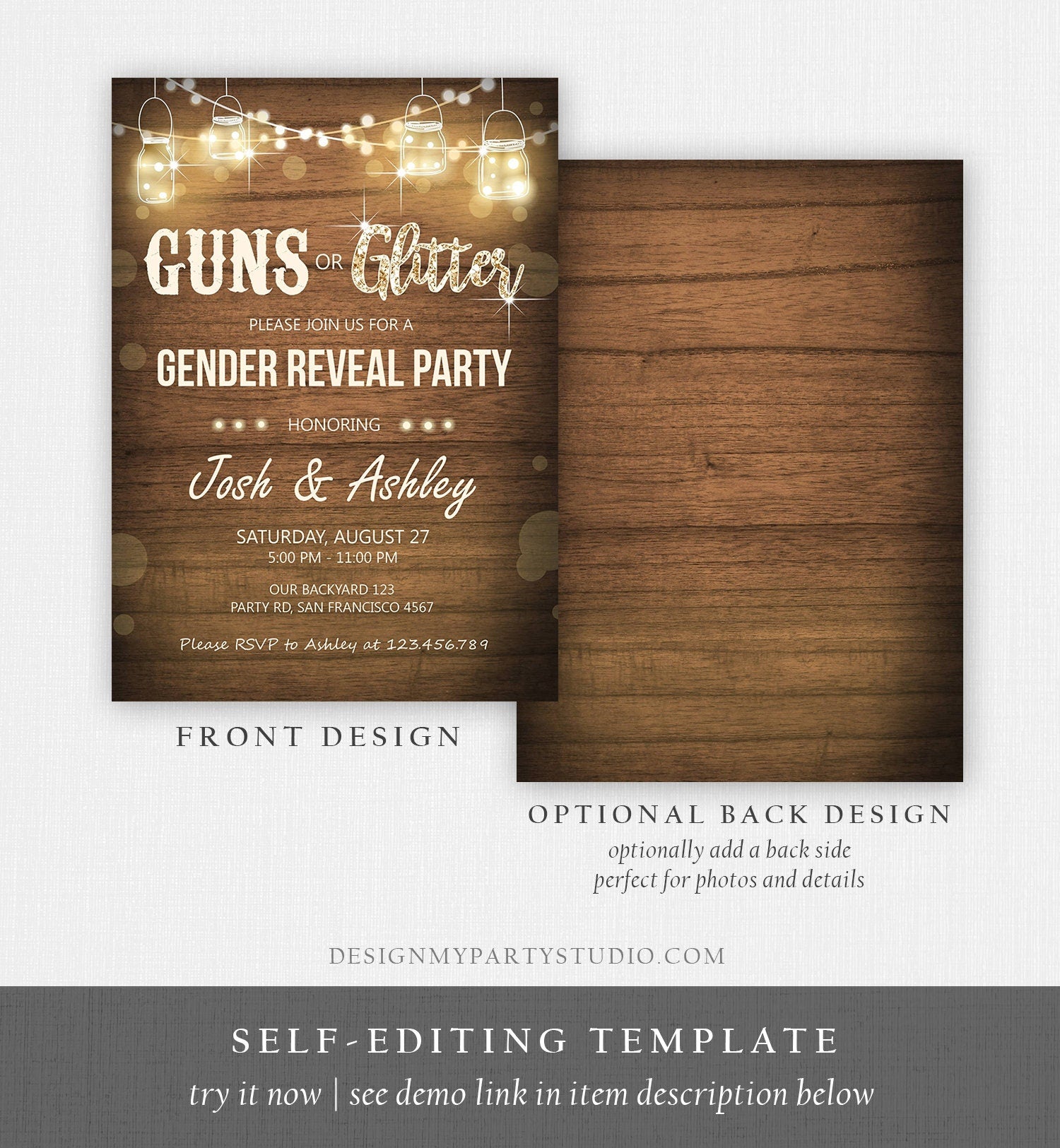 Editable Guns or Glitter Gender Reveal Invitation Baby Shower Boy Girl He or She Western Rustic Wood Digital Evite Template Printable 0015