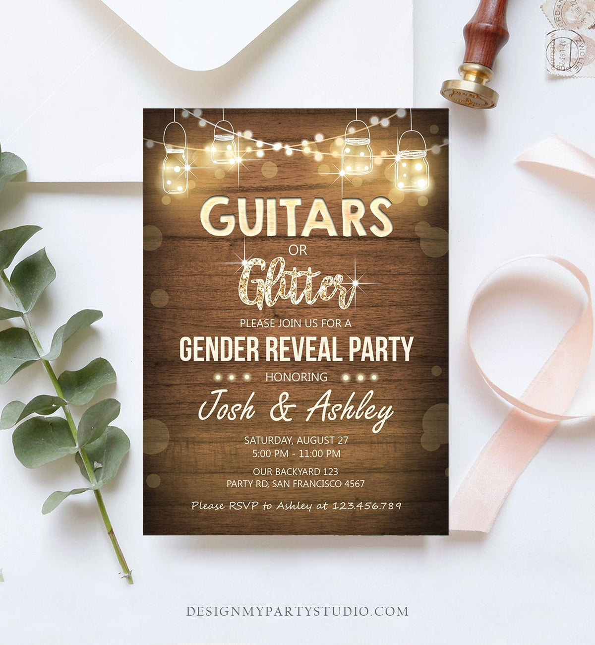 Editable Guitars or Glitter Gender Reveal Invitation Baby Shower Boy or Girl He or She Rustic Wood Digital Download Template Printable 0015