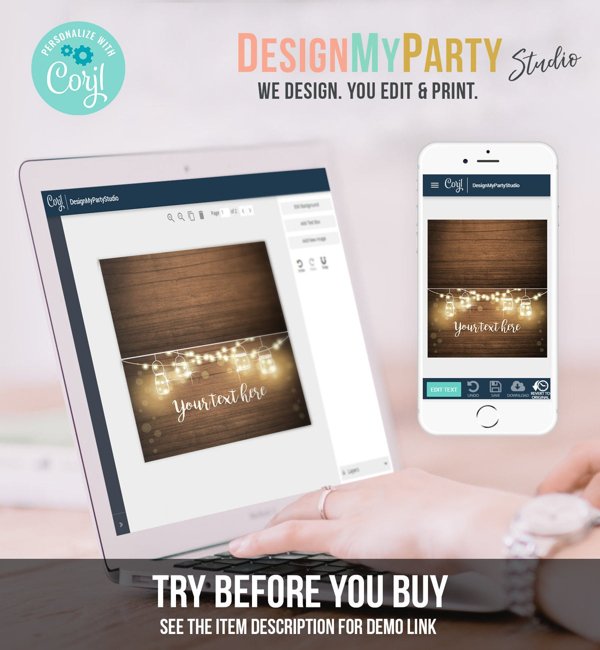 Editable Rustic Wood Food Label String Lights Rustic Boho Table Tent Card Escort Card Buffet Wedding Bridal Baby Shower Corjl Template 0015