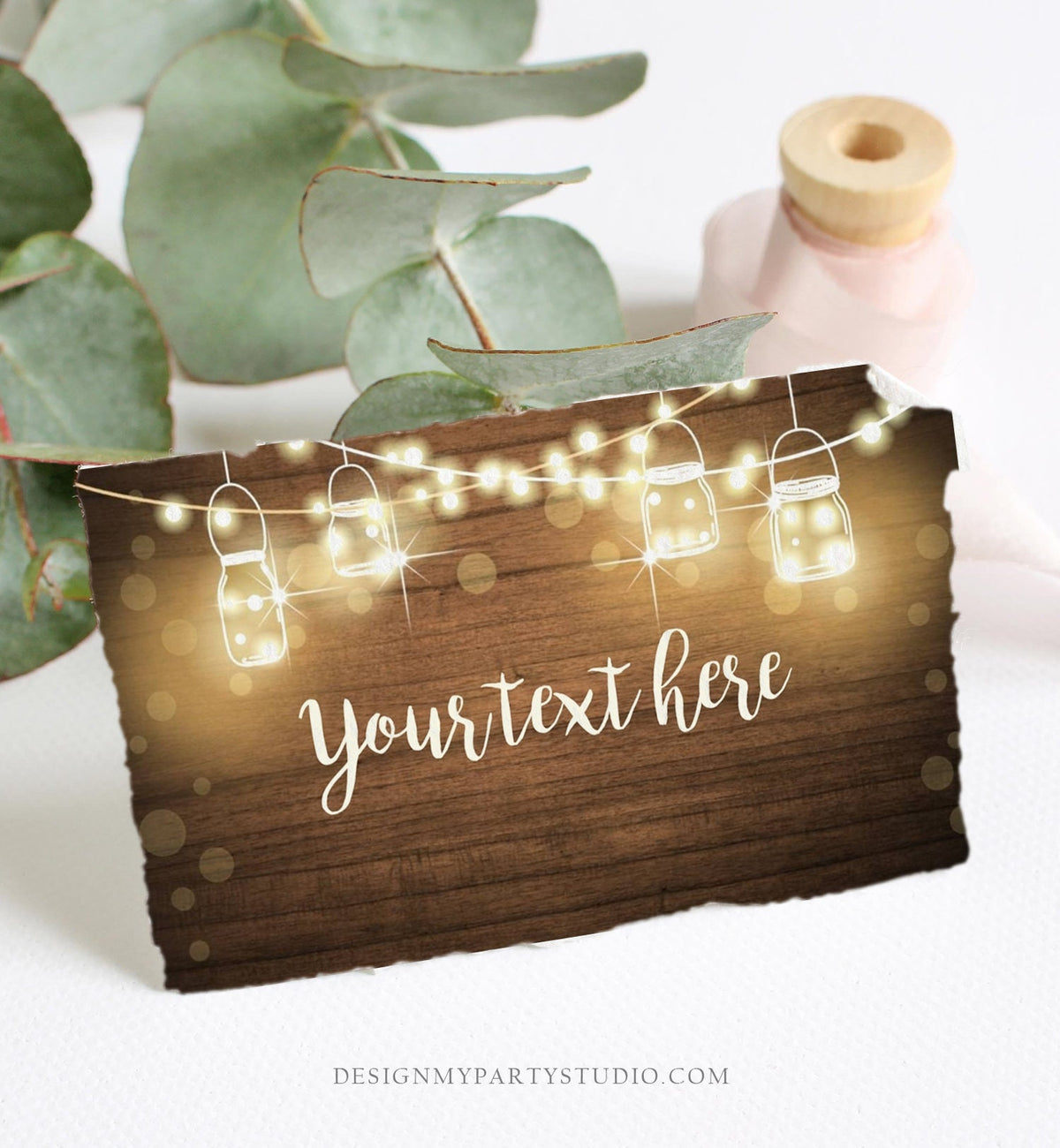 Editable Rustic Wood Food Label String Lights Rustic Boho Table Tent Card Escort Card Buffet Wedding Bridal Baby Shower Corjl Template 0015