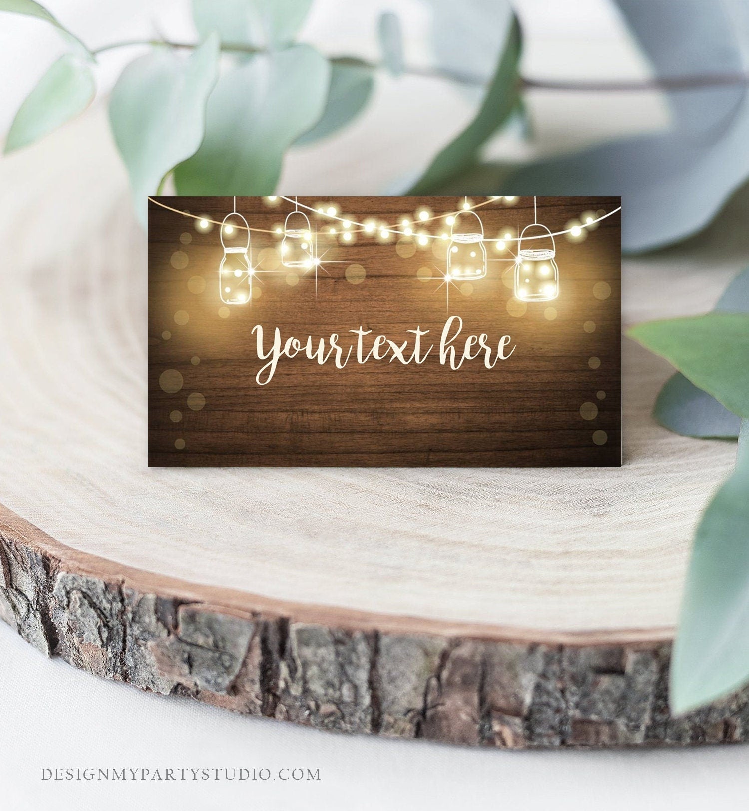 editable-rustic-wood-food-label-string-lights-rustic-boho-tent-escort-design-my-party-studio