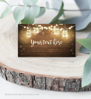 Editable Rustic Wood Food Label String Lights Rustic Boho Table Tent Card Escort Card Buffet Wedding Bridal Baby Shower Corjl Template 0015
