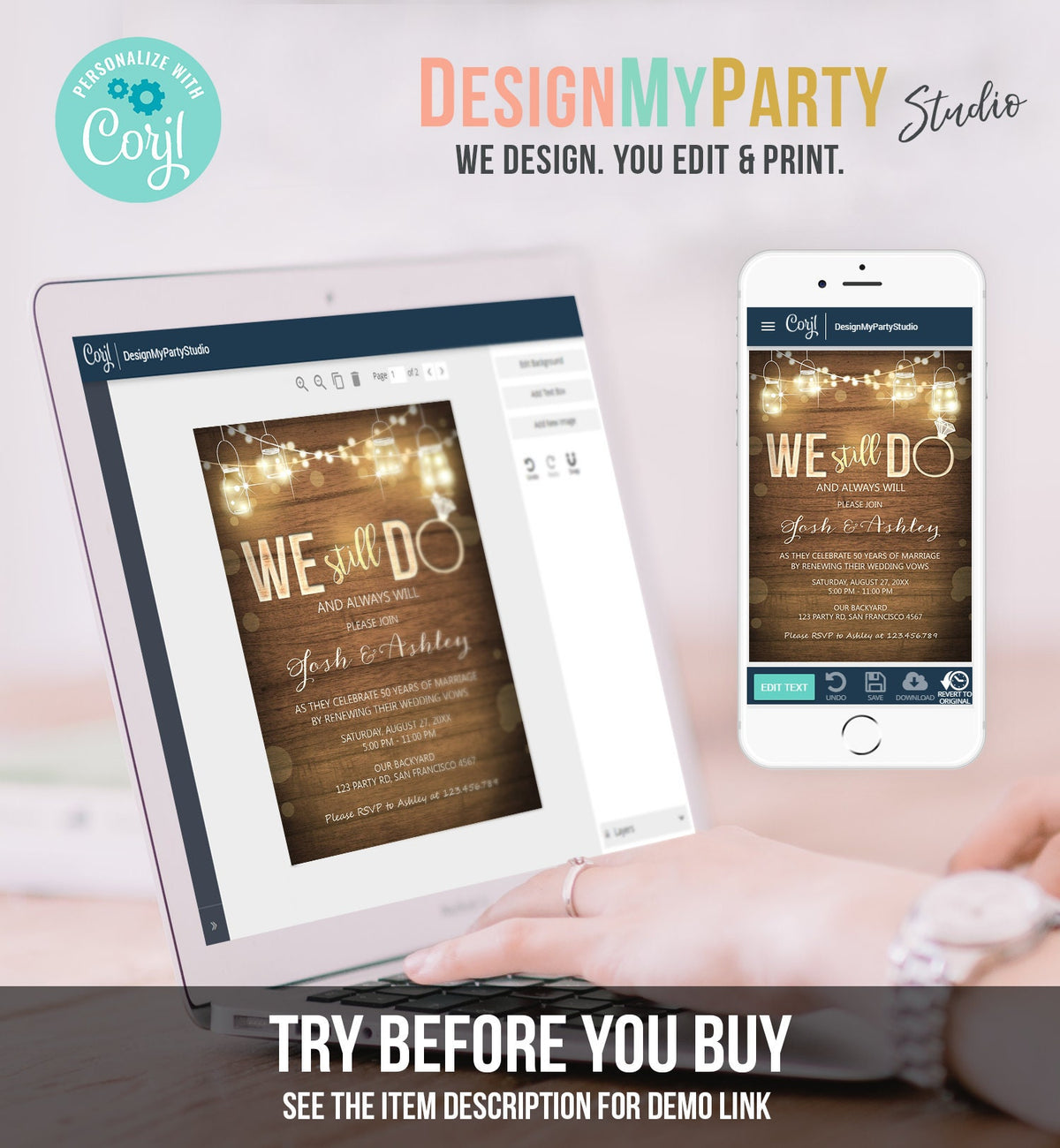 Editable We Still Do Wedding Anniversary Invitation Rustic Wood String Lights Jars Digital Digital Download Evite Template Printable 0015