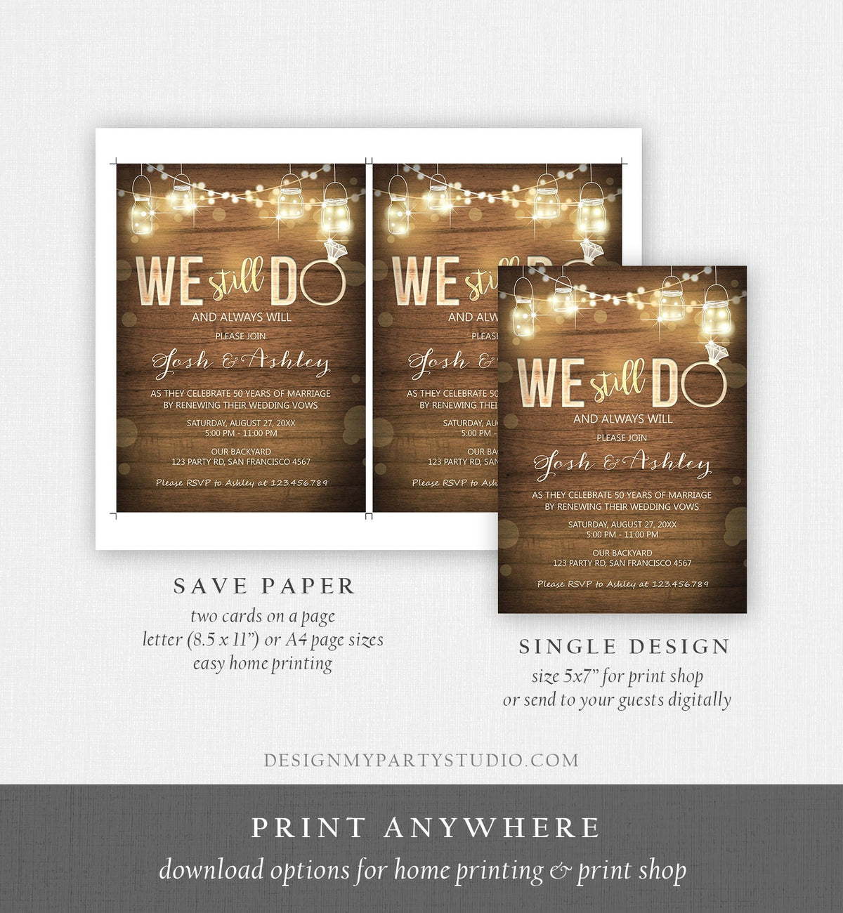 Editable We Still Do Wedding Anniversary Invitation Rustic Wood String Lights Jars Digital Digital Download Evite Template Printable 0015