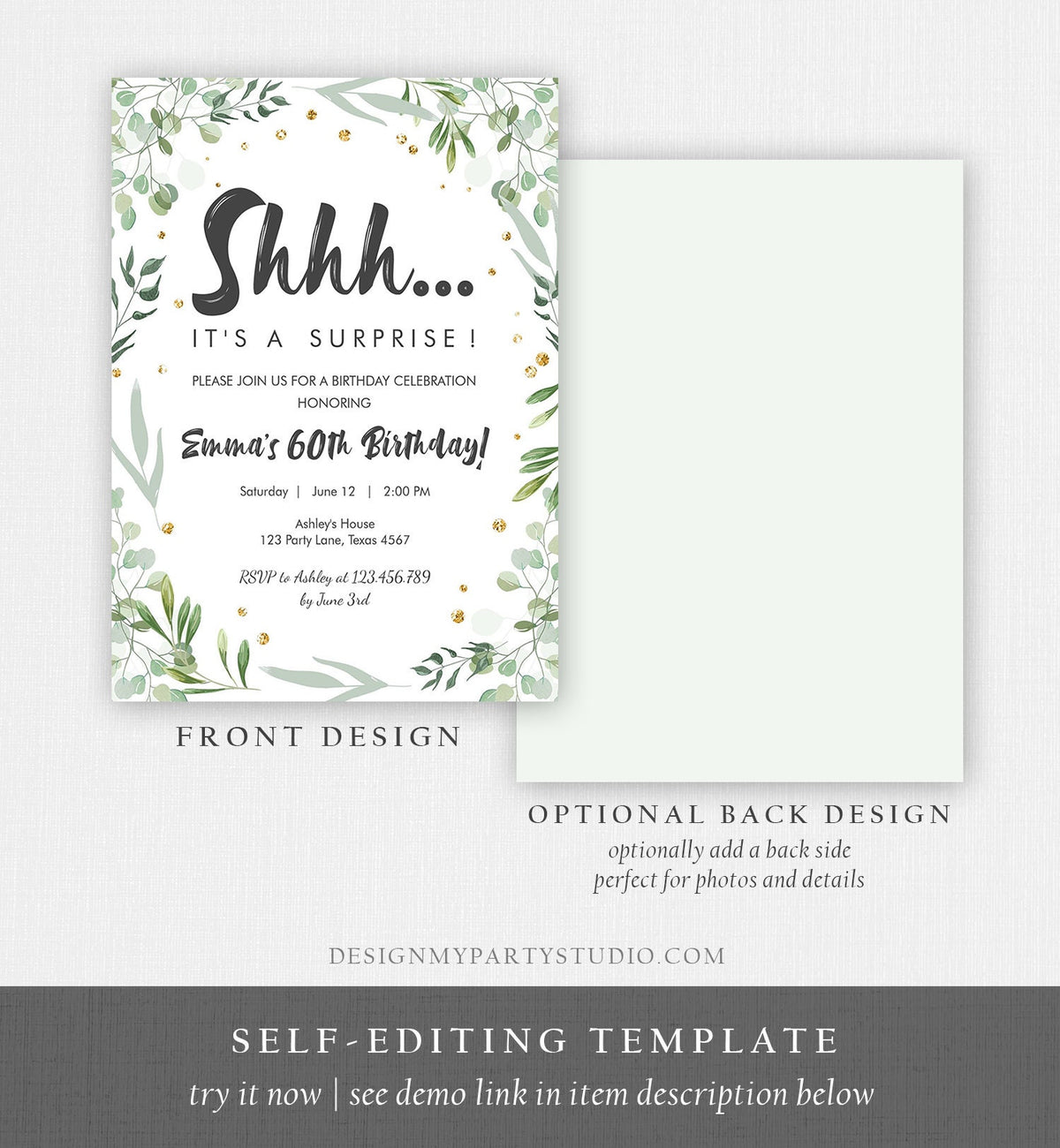 Editable Greenery Surprise Birthday Invitation ANY AGE Shhh Its It&#39;s A Surprise 30th 50th 60th Birthday Party Corjl Template Printable 0253