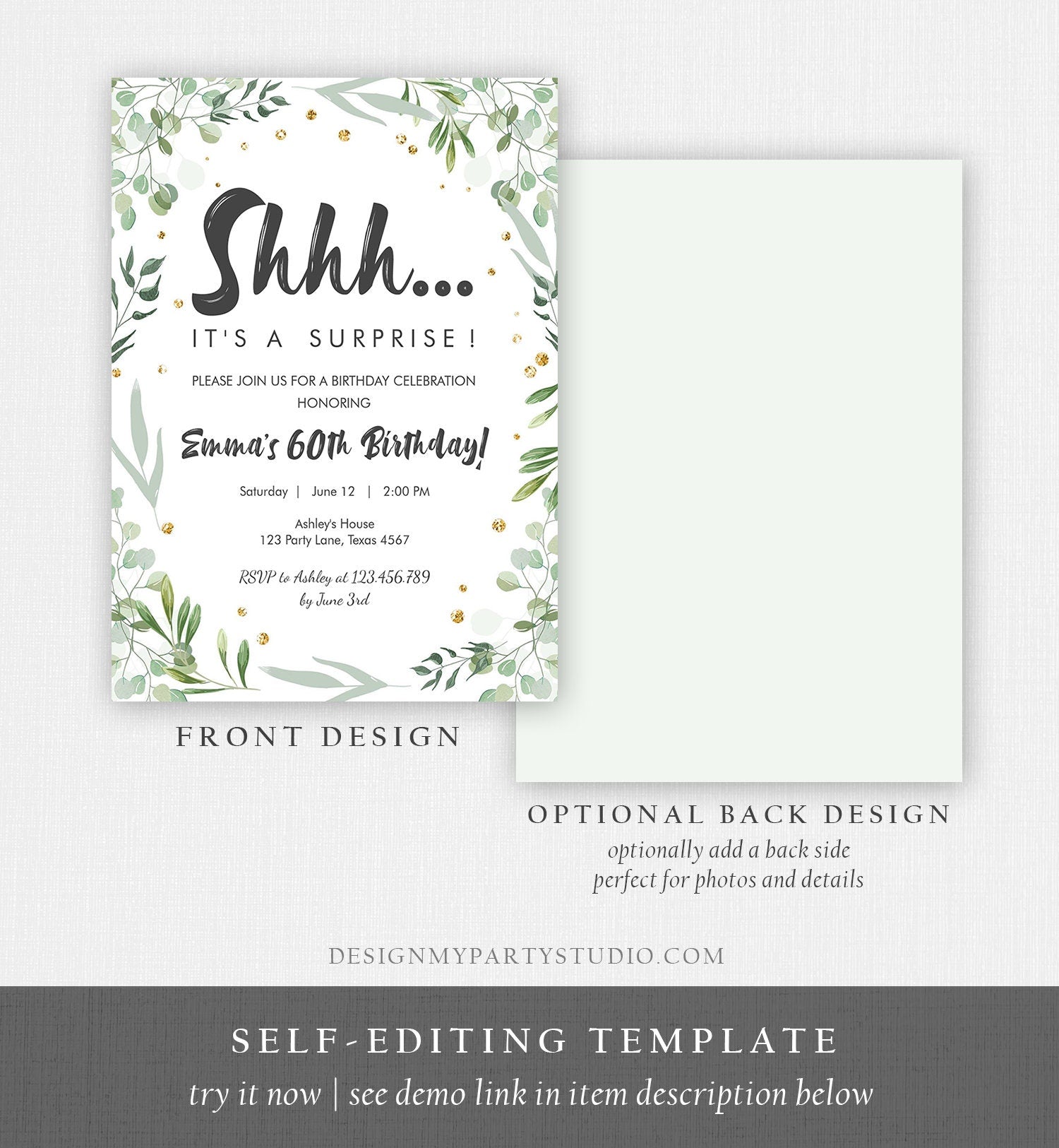 Editable Greenery Surprise Birthday Invitation ANY AGE Shhh Its It's A Surprise 30th 50th 60th Birthday Party Corjl Template Printable 0253
