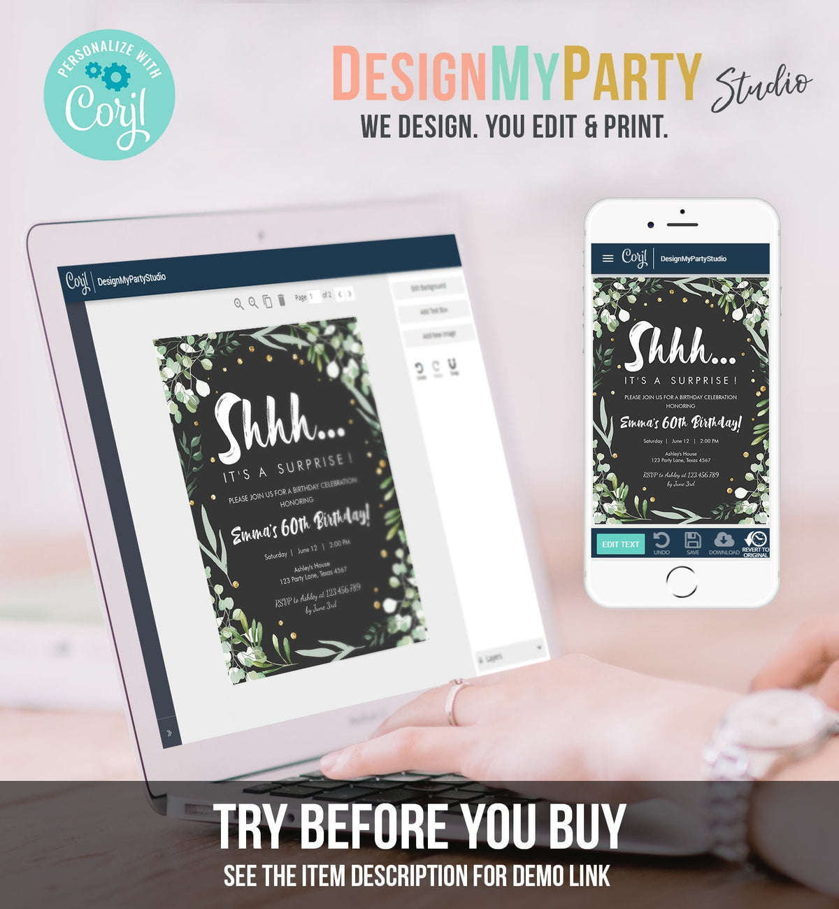 Editable Greenery Surprise Birthday Invitation ANY AGE Shhh Its It&#39;s a Surprise 30th 50th 60th Party Digital Evite Template Printable 0253