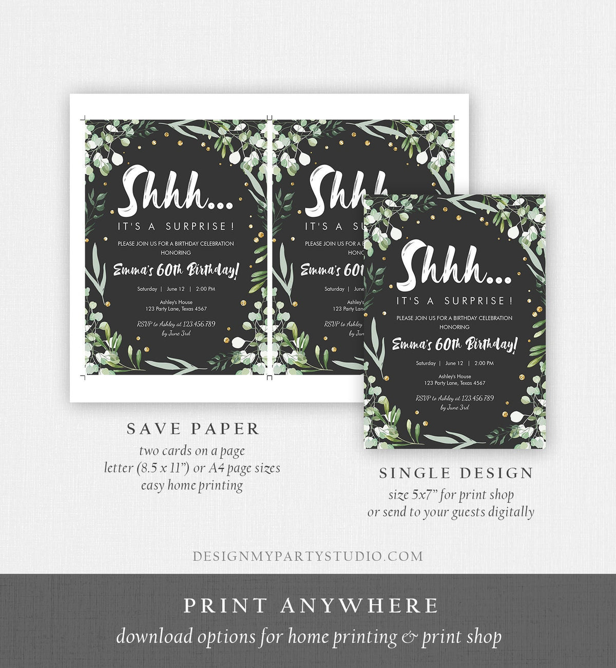 Editable Greenery Surprise Birthday Invitation ANY AGE Shhh Its It&#39;s a Surprise 30th 50th 60th Party Digital Evite Template Printable 0253
