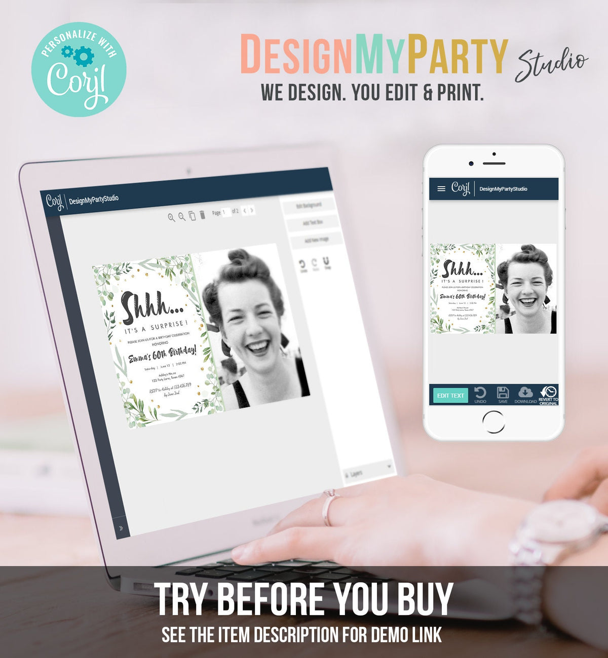 Editable Greenery Surprise Birthday Invitation ANY AGE Shhh Its It&#39;s A Surprise 30th 50th 60th Birthday Party Corjl Template Printable 0253