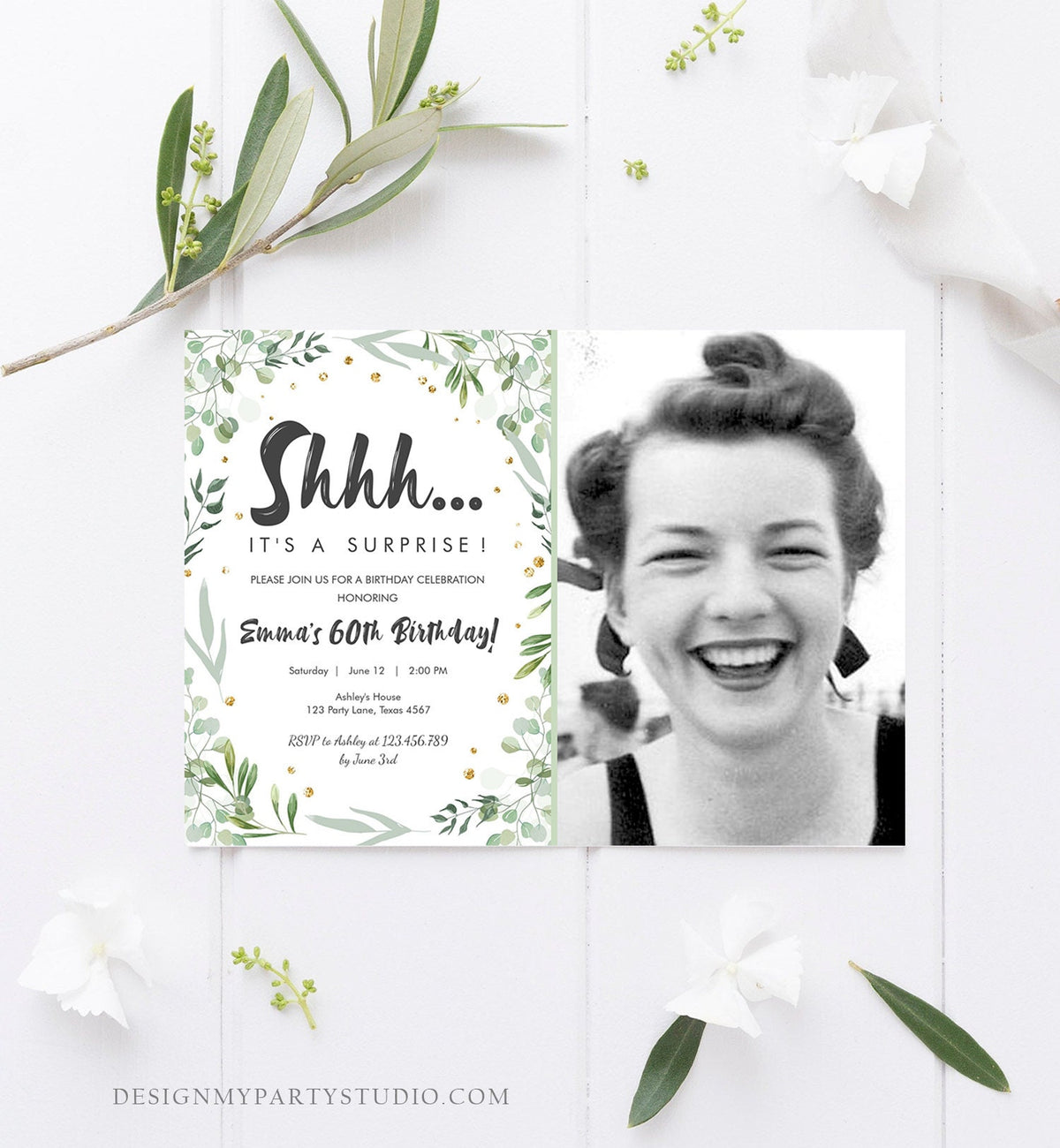 Editable Greenery Surprise Birthday Invitation ANY AGE Shhh Its It&#39;s A Surprise 30th 50th 60th Birthday Party Corjl Template Printable 0253