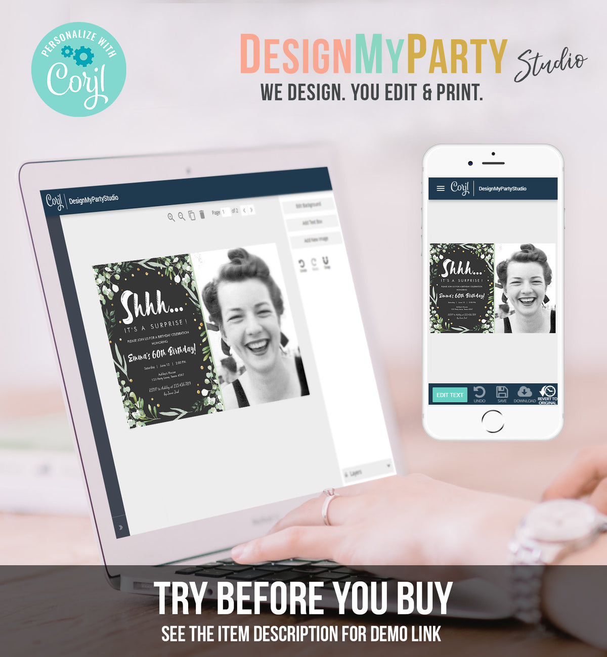 Editable Greenery Surprise Birthday Invitation ANY AGE Shhh Its It&#39;s A Surprise 30th 50th 60th Birthday Party Corjl Template Printable 0253