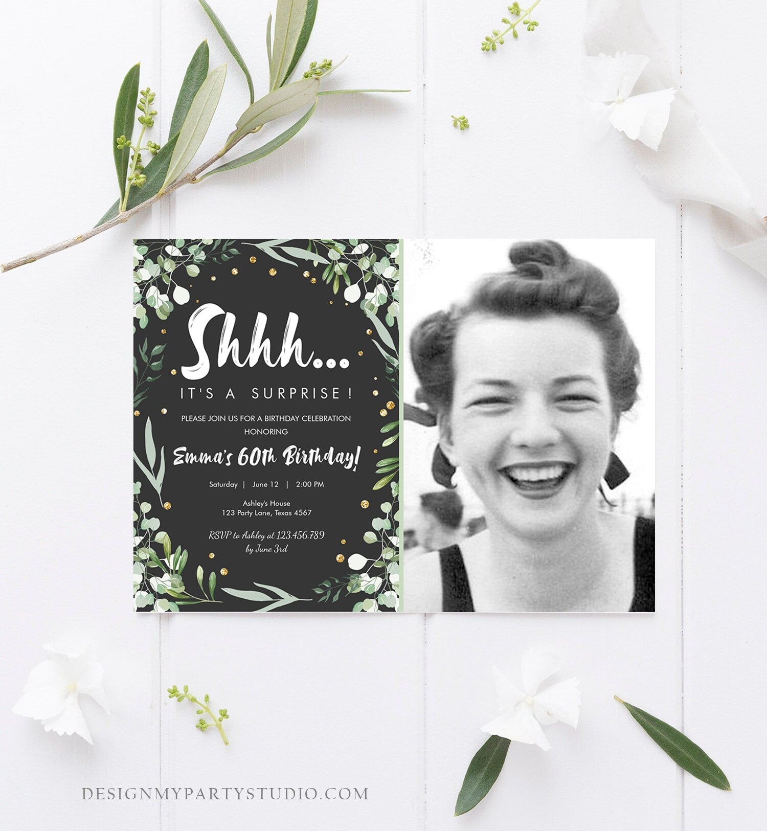 Editable Greenery Surprise Birthday Invitation ANY AGE Shhh Its It's A Surprise 30th 50th 60th Birthday Party Corjl Template Printable 0253