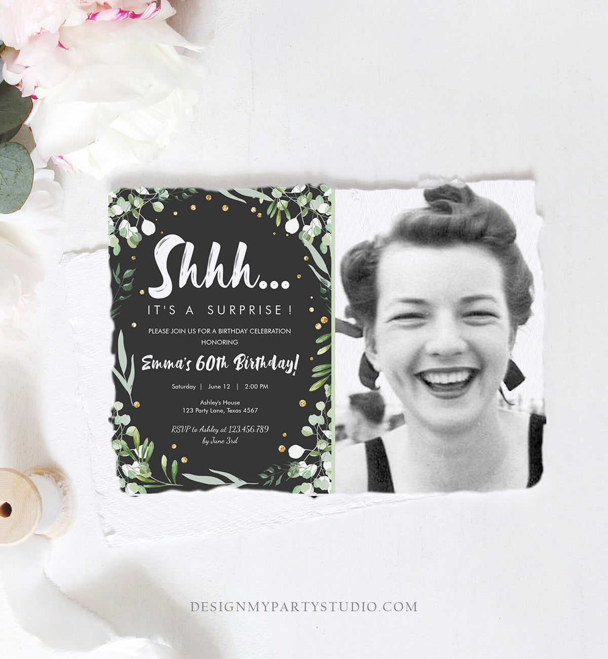 Editable Greenery Surprise Birthday Invitation ANY AGE Shhh Its It&#39;s A Surprise 30th 50th 60th Birthday Party Corjl Template Printable 0253