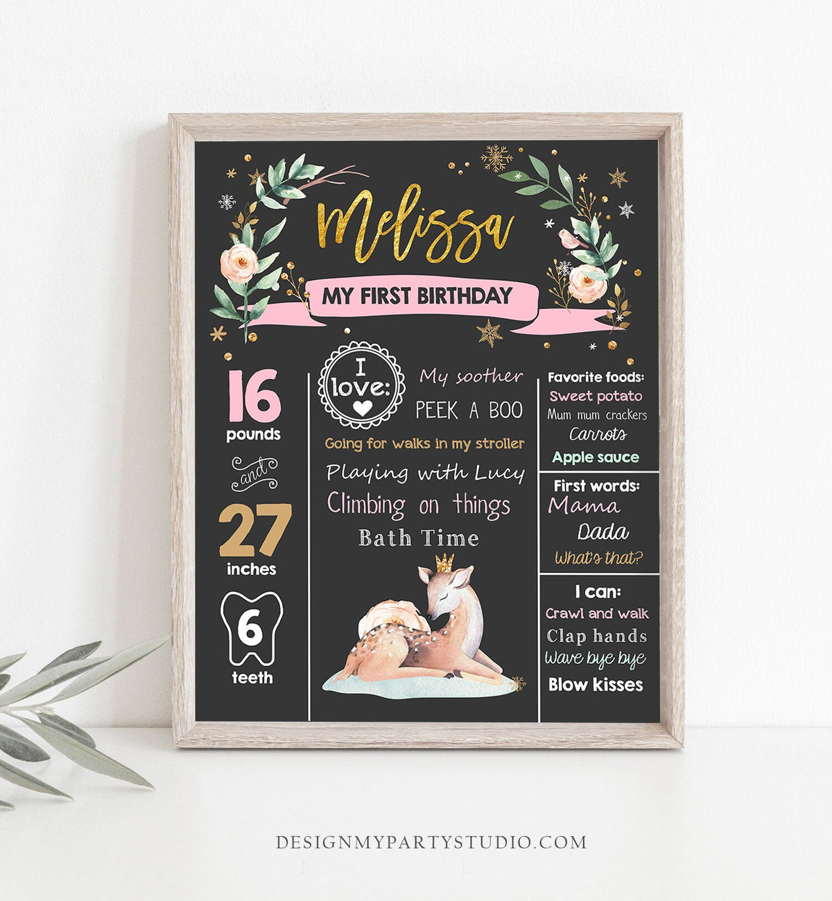 Editable Winter Onederland Birthday Milestones Sign First Birthday 1st Snowflakes Girl Pink Gold Woodland Deer Corjl Template Printable 0265