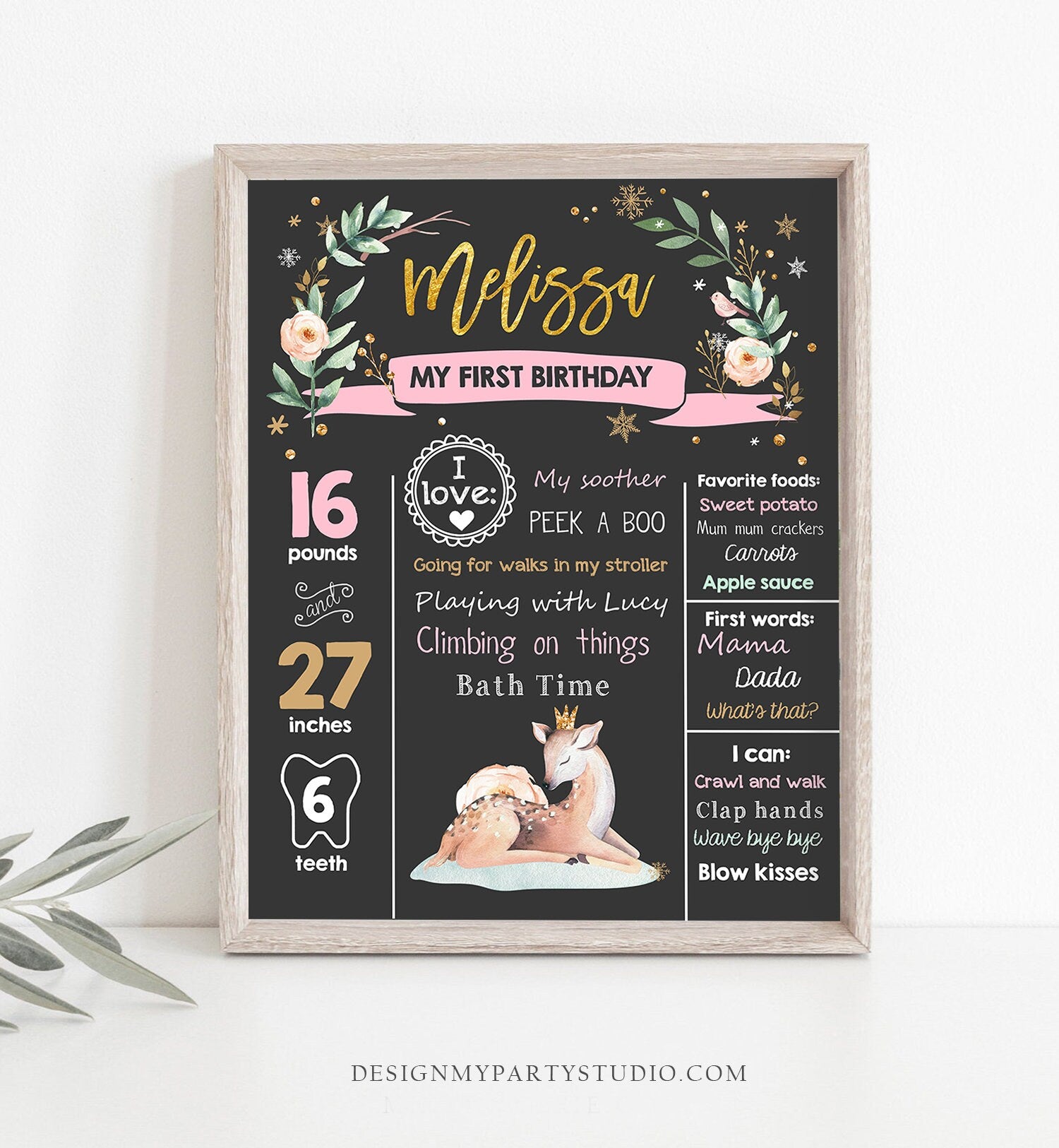 Editable Winter Onederland Birthday Milestones Sign First Birthday 1st Snowflakes Girl Pink Gold Woodland Deer Corjl Template Printable 0265