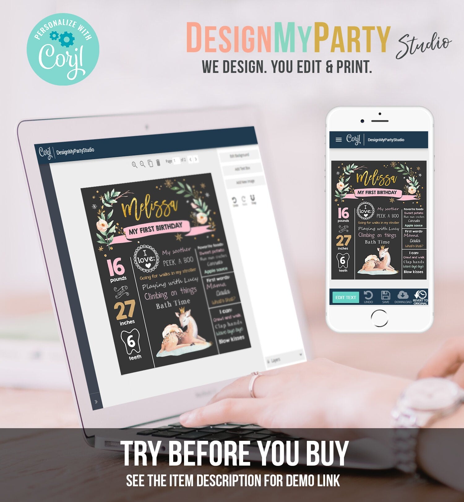 Editable Winter Onederland Birthday Milestones Sign First Birthday 1st Snowflakes Girl Pink Gold Woodland Deer Corjl Template Printable 0265