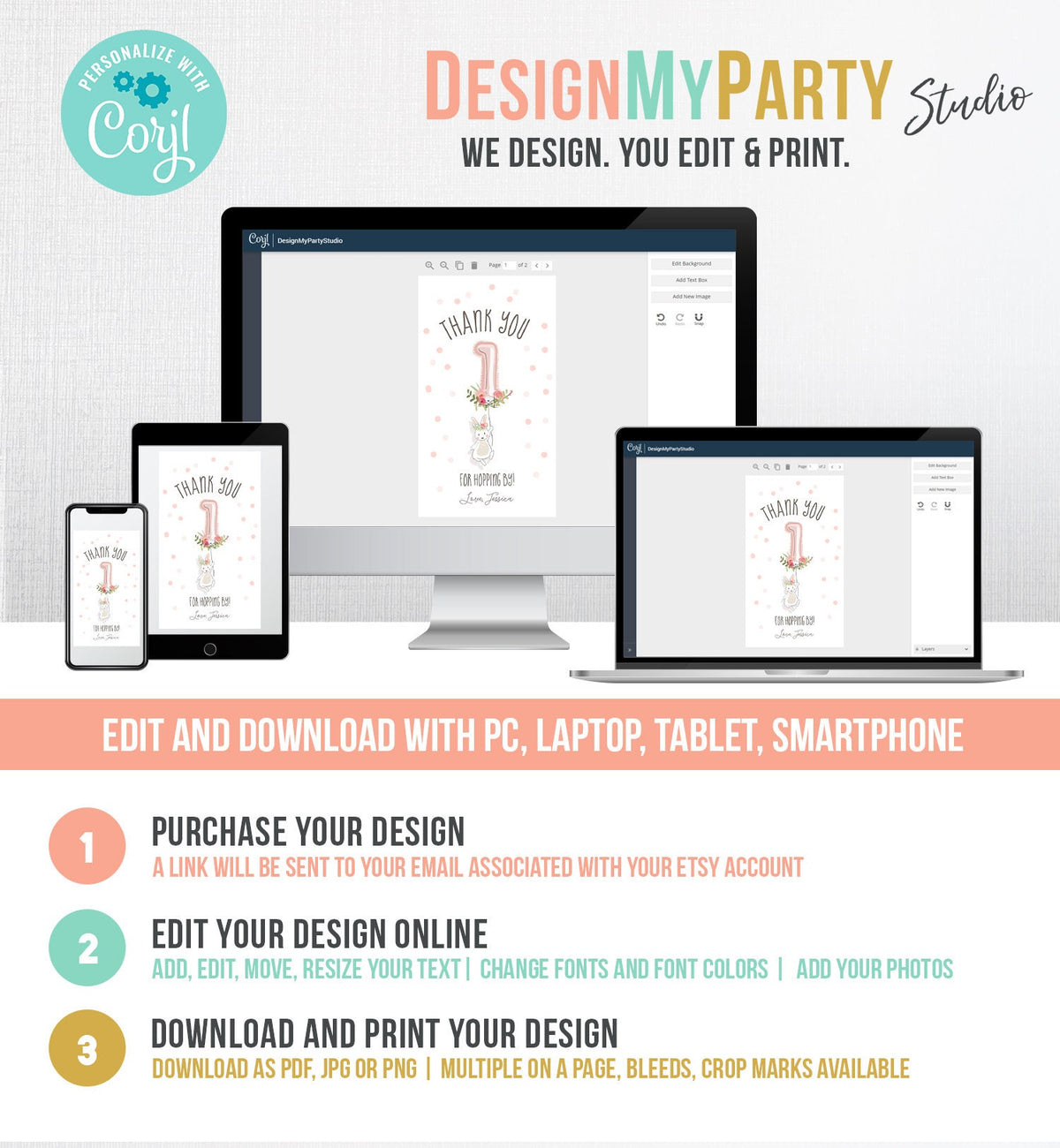 Editable Bunny Favor tags Birthday Thank you tag Hopping by Bunny Labels Bunny Balloon 1st Birthday Girl Pink Template Corjl PRINTABLE 0117