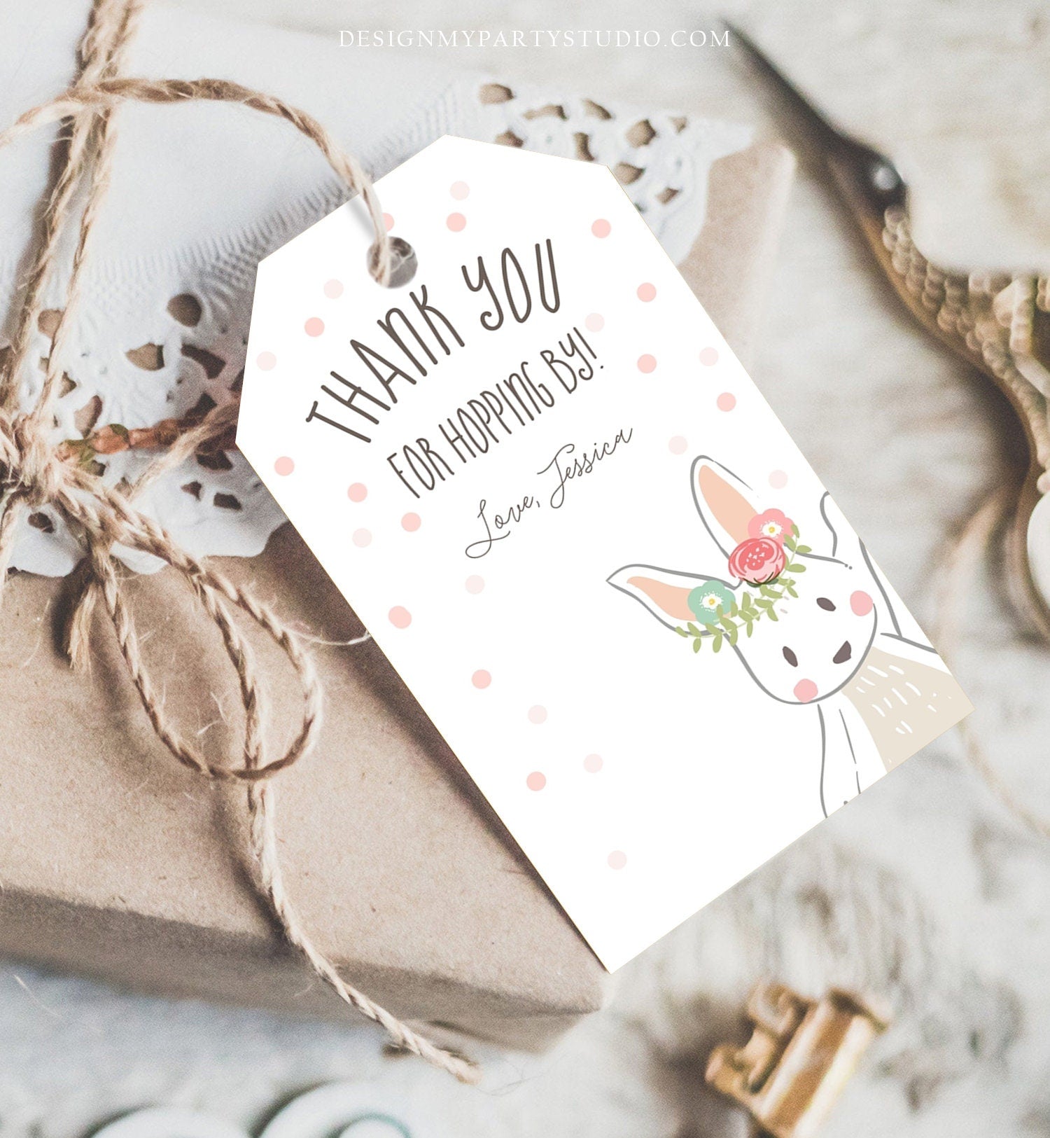 Editable Bunny Favor tags Birthday Thank you tag Hopping by Bunny Labels Bunny Balloon 1st Birthday Girl Pink Template Corjl PRINTABLE 0117