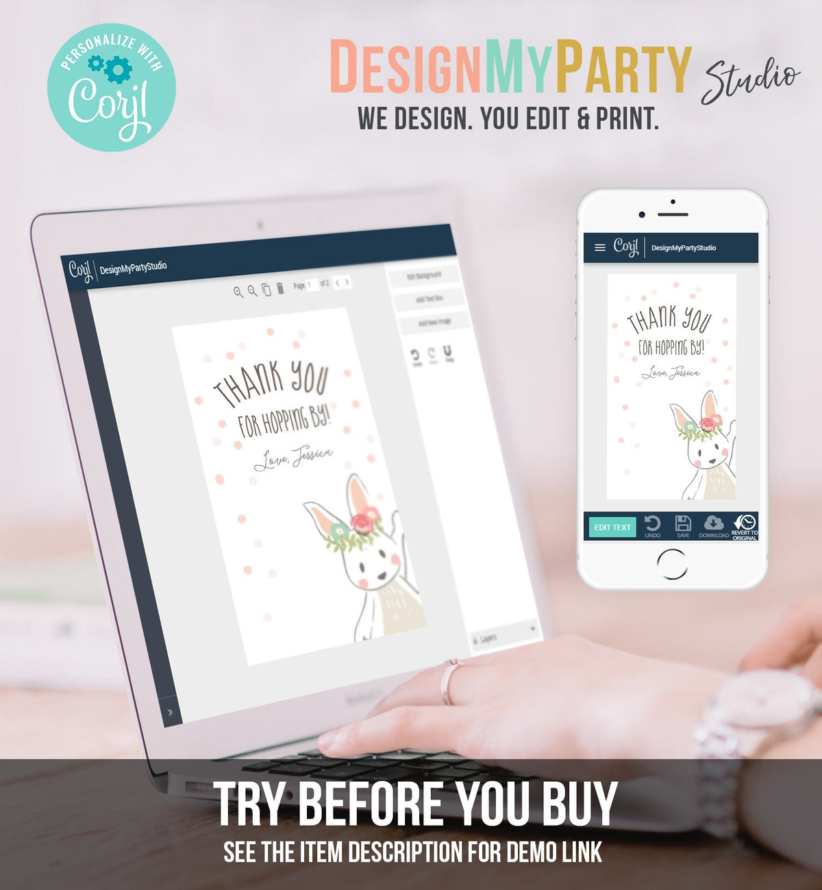 Editable Bunny Favor tags Birthday Thank you tag Hopping by Bunny Labels Bunny Balloon 1st Birthday Girl Pink Template Corjl PRINTABLE 0117