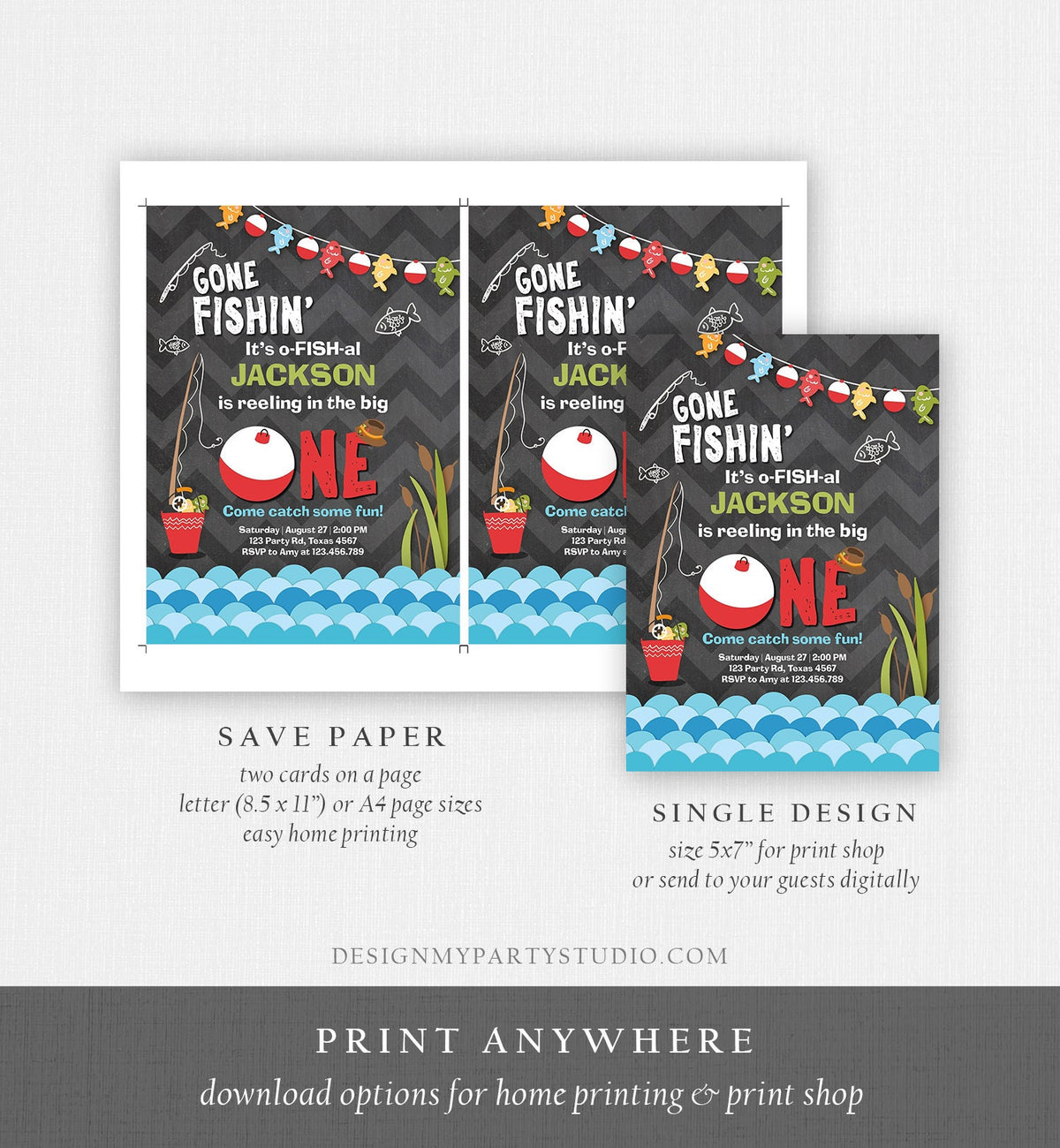 Editable First Birthday Fishing Invitation Fishing Party The Big One O-fish-al Gone Fishing Boy Download Printable Template Corjl 0080