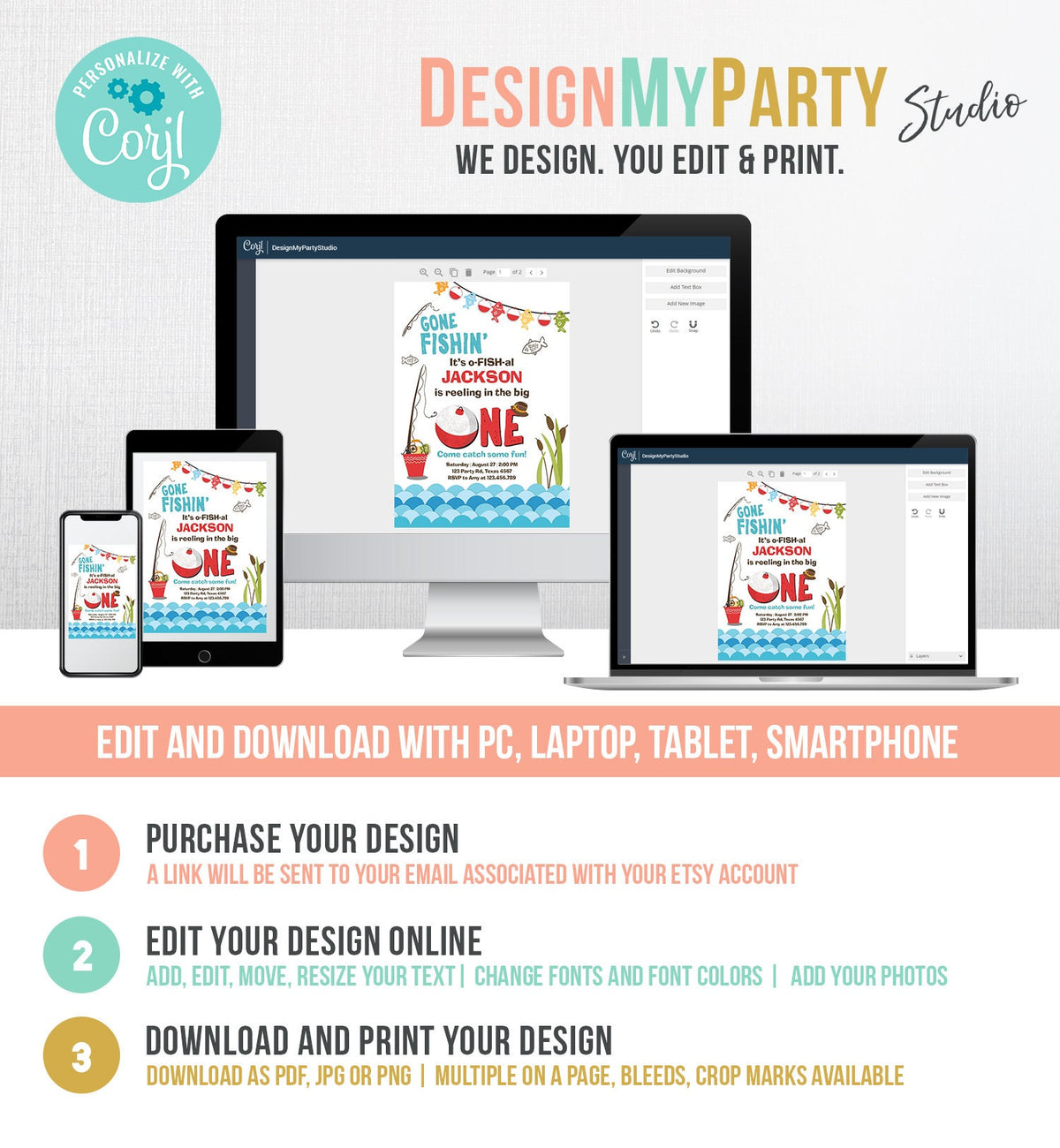 Editable First Birthday Fishing Invitation Fishing Party The Big One O-fish-al Gone Fishing Digital Download Evite Template Printable 0080