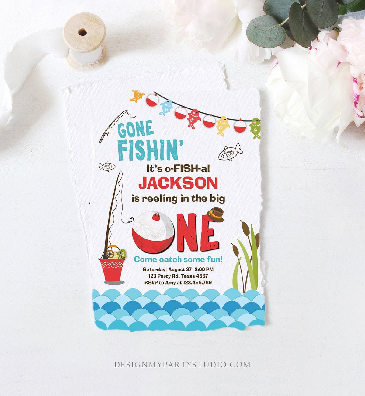 Editable First Birthday Fishing Invitation Fishing Party The Big One O-fish-al Gone Fishing Digital Download Evite Template Printable 0080