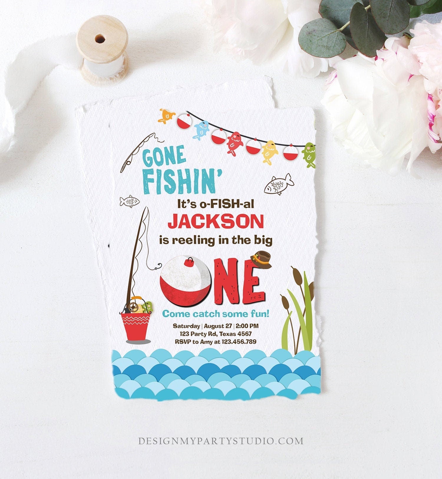 Editable First Birthday Fishing Invitation Fishing Party The Big One O-fish-al Gone Fishing Digital Download Evite Template Printable 0080