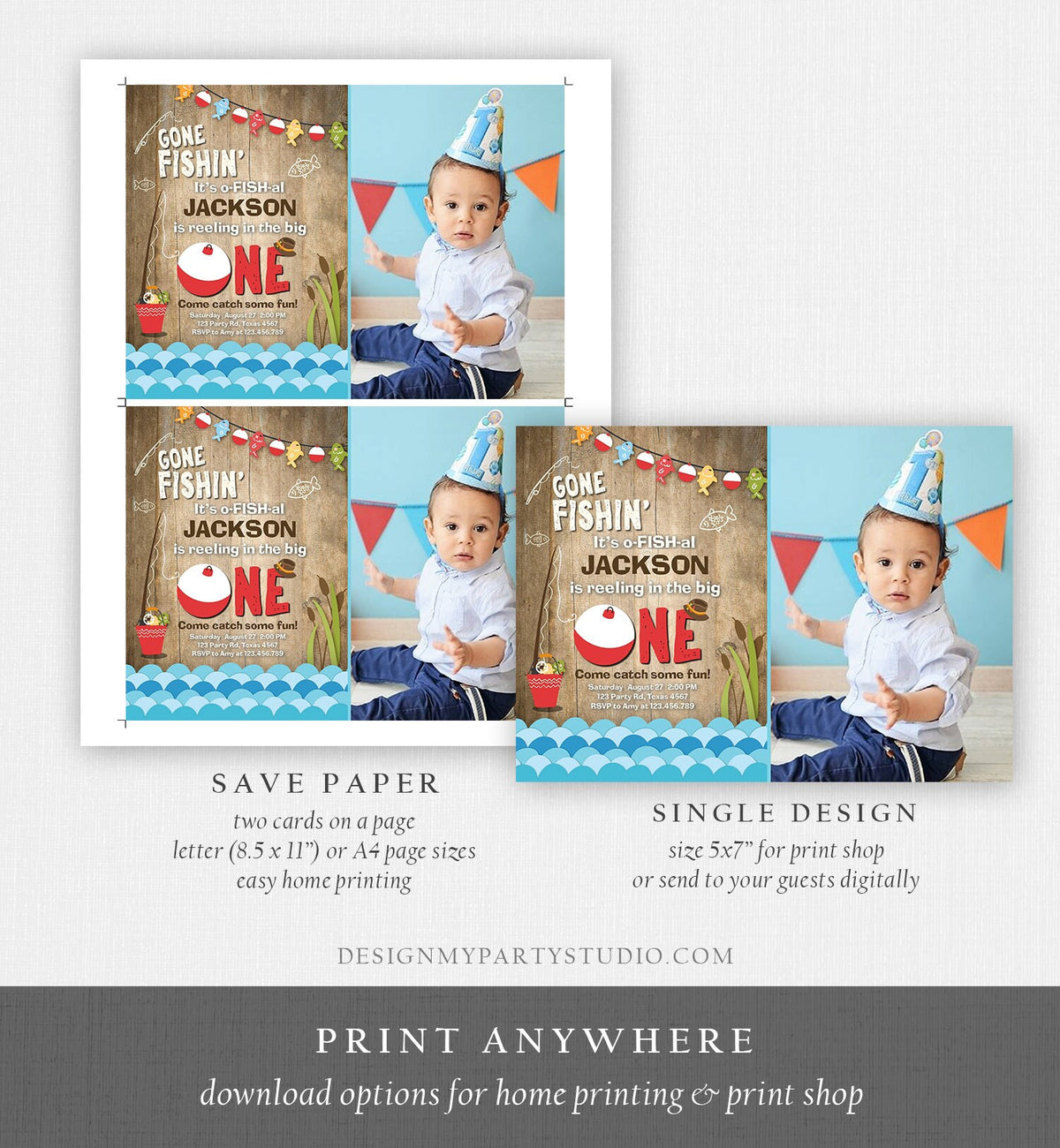 Editable First Birthday Fishing Invitation Fishing Party The Big One O-fish-al Gone Fishing Boy Wood Download Printable Template Corjl 0080