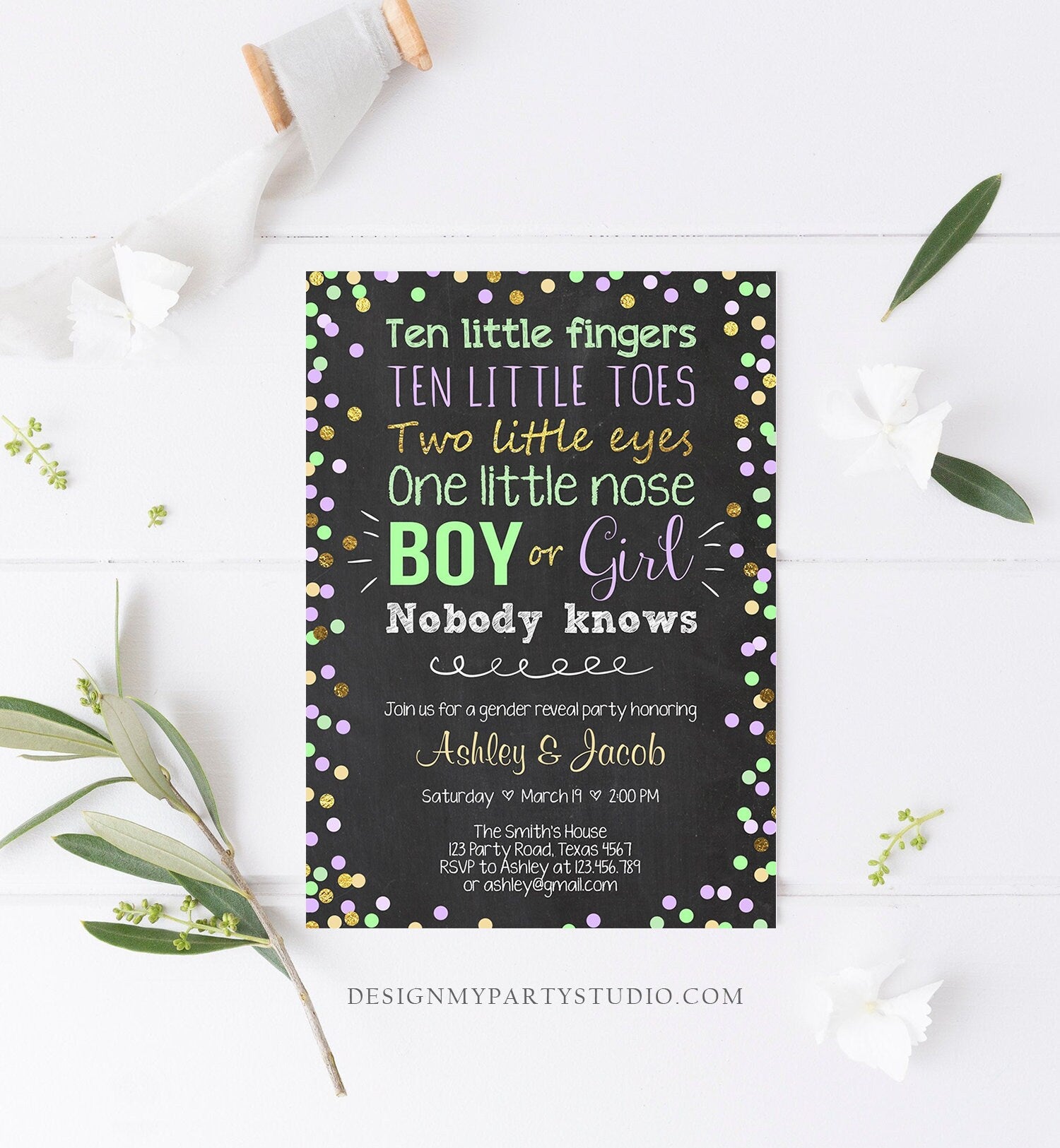 Editable Gender Reveal Invitation Baby Shower Boy or Girl Green Purple He or She Confetti Gold Corjl Template Instant Download Digital 0133