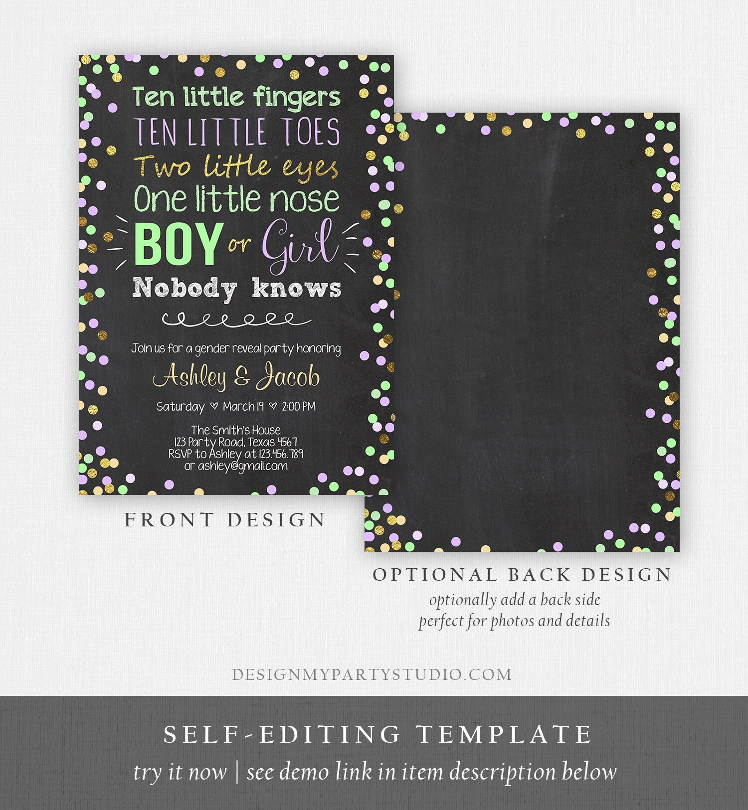 Editable Gender Reveal Invitation Baby Shower Boy or Girl Green Purple He She Confetti Gold Digital Download Evite Template Printable 0133