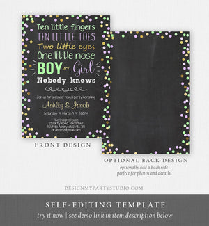 Editable Gender Reveal Invitation Baby Shower Boy or Girl Green Purple He or She Confetti Gold Corjl Template Instant Download Digital 0133