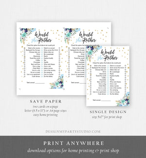 Editable Would She Rather Bridal Shower Game Wedding Shower Activity Floral Blue Gold Confetti Party Corjl Template Printable 0030