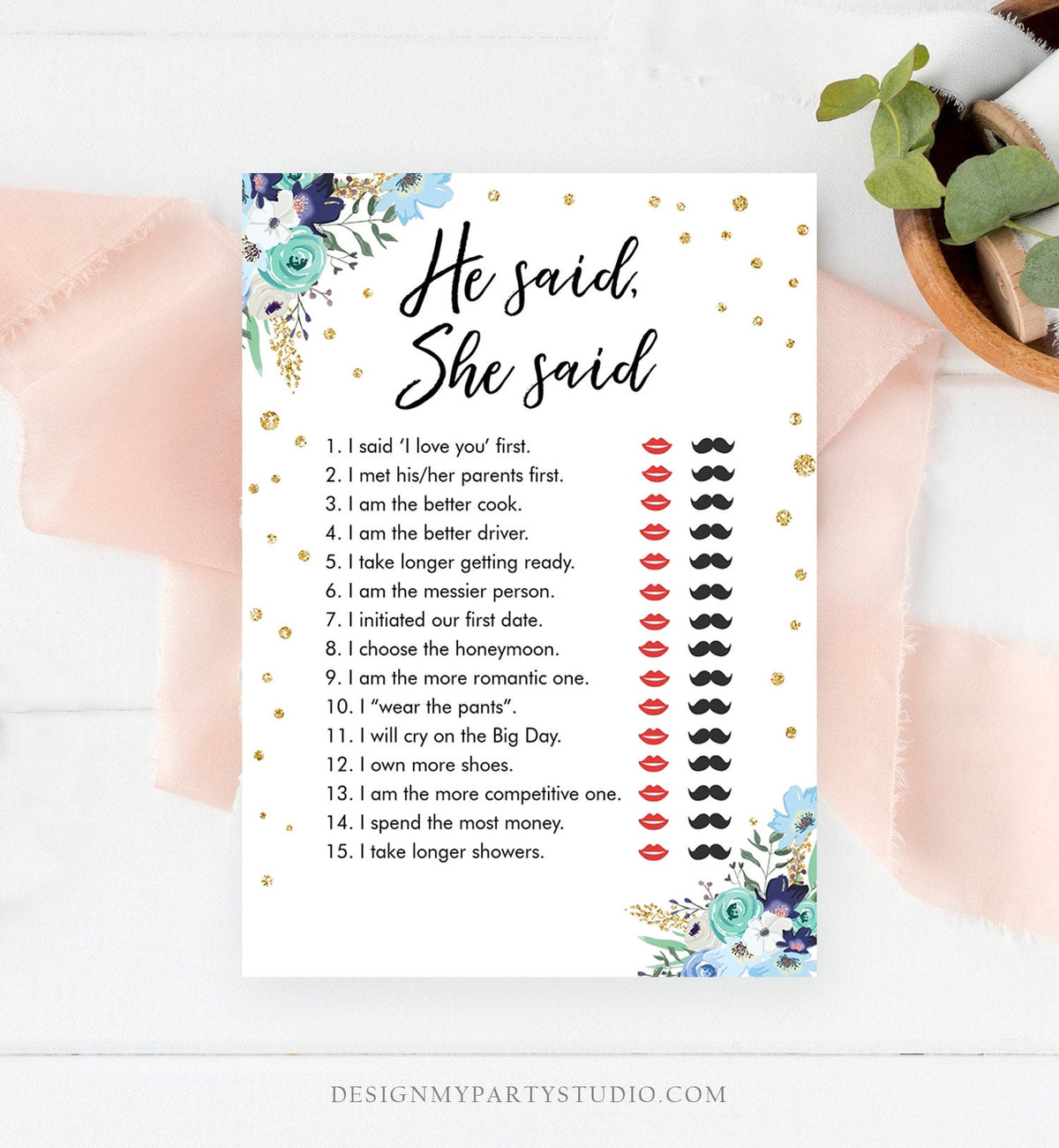 Editable He Said She Said Bridal Shower Game Floral Bride or Groom Wedding Shower Activity Who said it Phrase Corjl Printable 0030