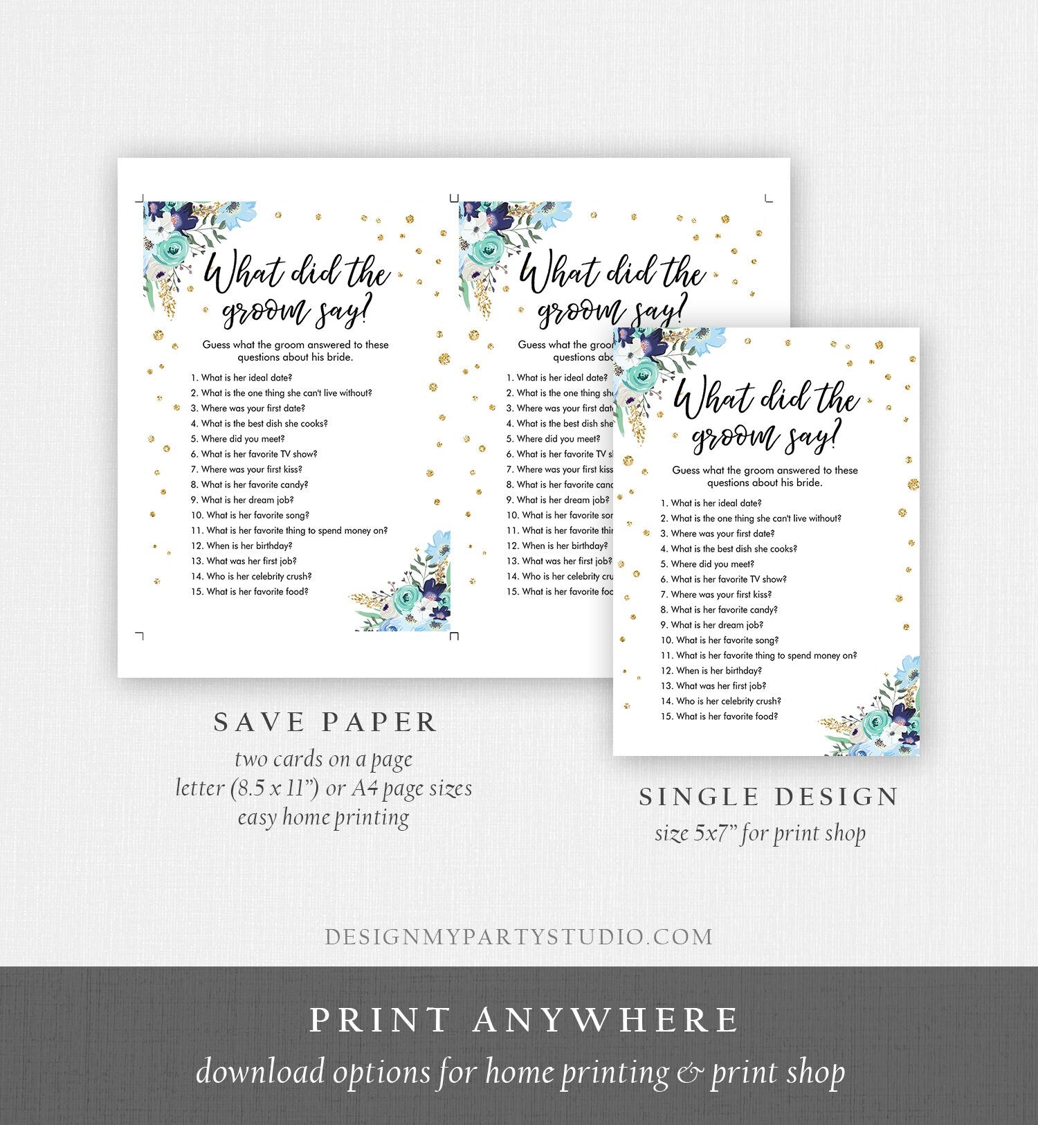 Editable What Did The Groom Say About His Bride Game Bridal Shower Game Blue Floral Gold Confetti Download Corjl Template Printable 0030