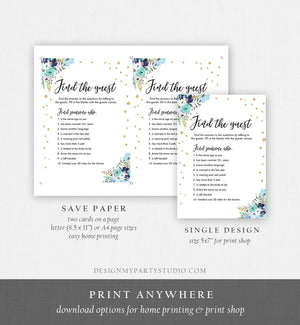 Editable Find the Guest Bridal Shower Game Wedding Shower Activity Blue Floral Gold Confetti Flowers Download Corjl Template Printable 0030