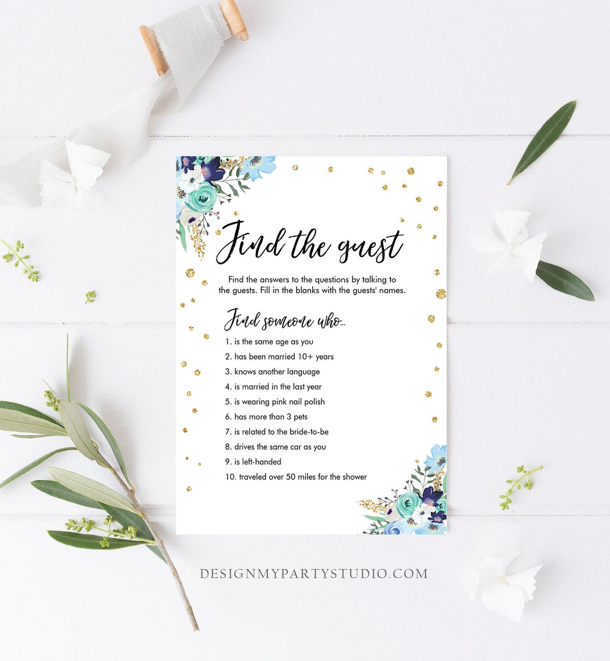 Editable Find the Guest Bridal Shower Game Wedding Shower Activity Blue Floral Gold Confetti Flowers Download Corjl Template Printable 0030