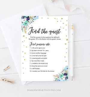 Editable Find the Guest Bridal Shower Game Wedding Shower Activity Blue Floral Gold Confetti Flowers Download Corjl Template Printable 0030