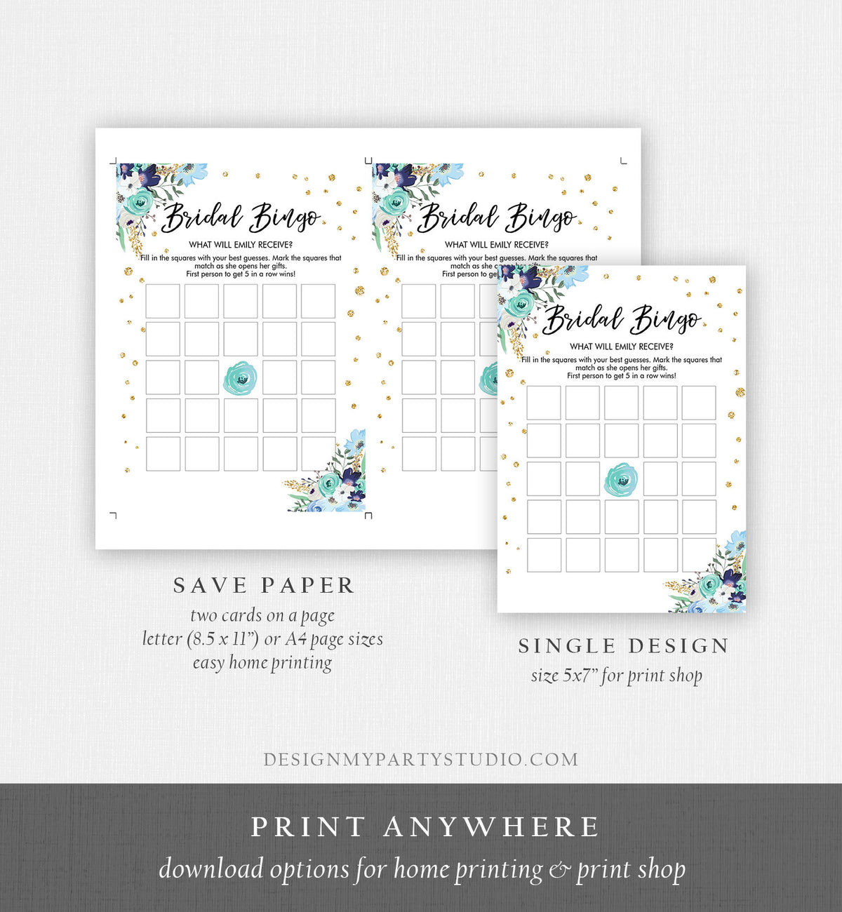 Editable Bingo Bridal Shower Game Wedding Shower Activity Floral Blue Gold Confetti Travel Flowers Digital Download Template Printable 0030