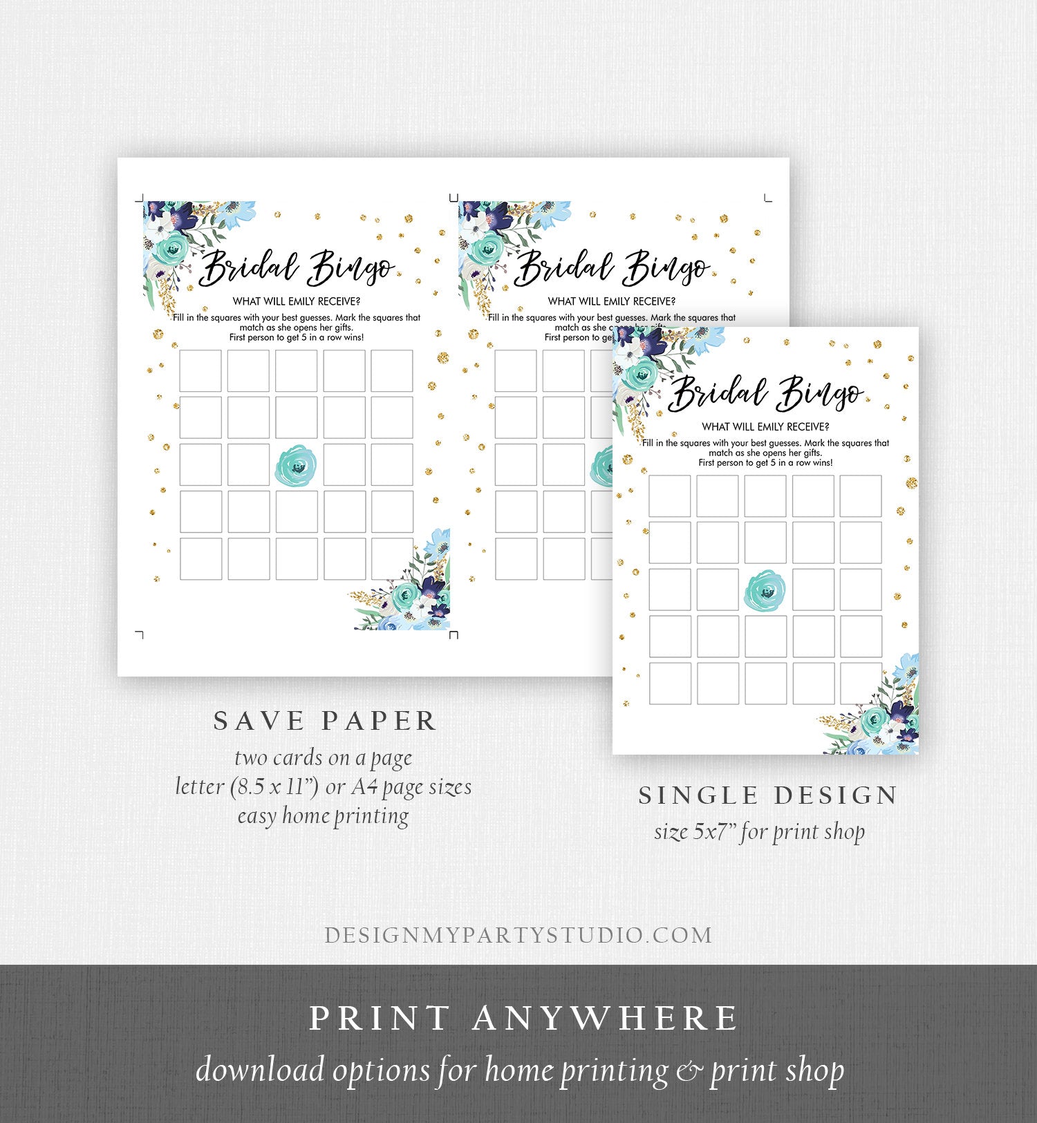 Editable Bingo Bridal Shower Game Wedding Shower Activity Floral Blue Gold Confetti Travel Flowers Digital Download Template Printable 0030