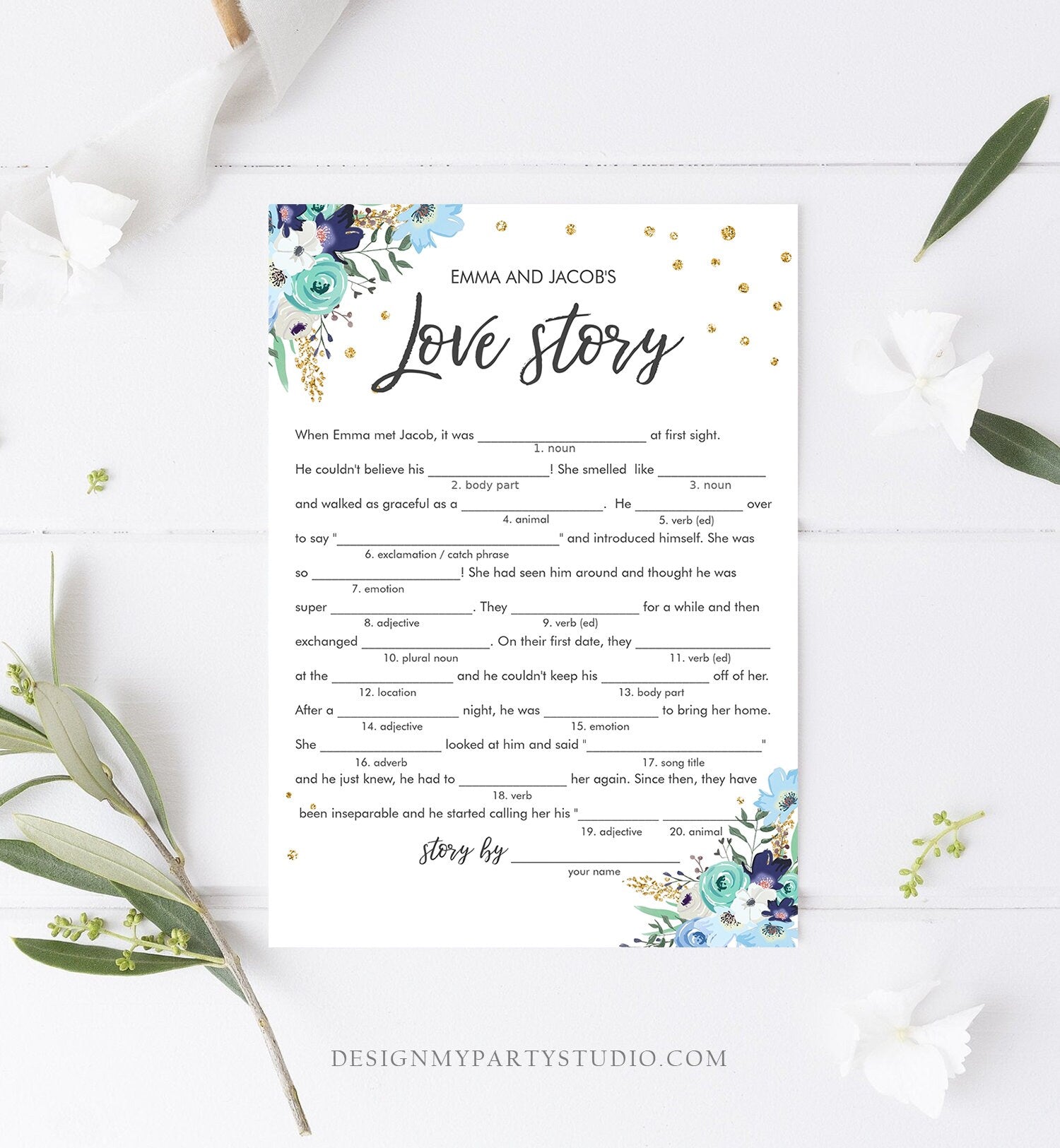 Editable Love Story Bridal Shower Game Funny Blue Floral Gold Confetti Shower Activity Wedding Foliage Download Corjl Template 0030